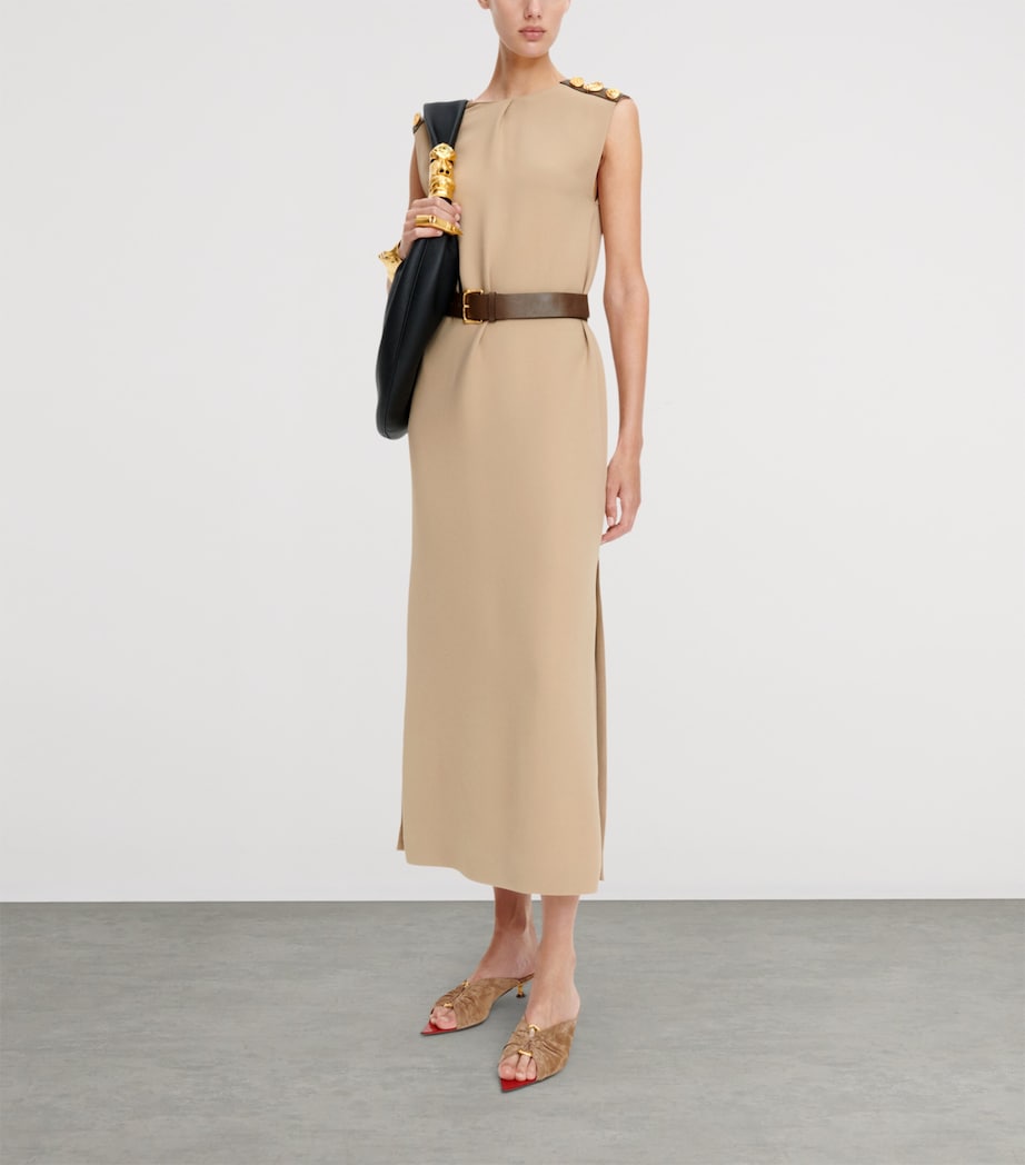 Schiaparelli Womens Crepe Leather-Trim Midi Dress Beige Image 2