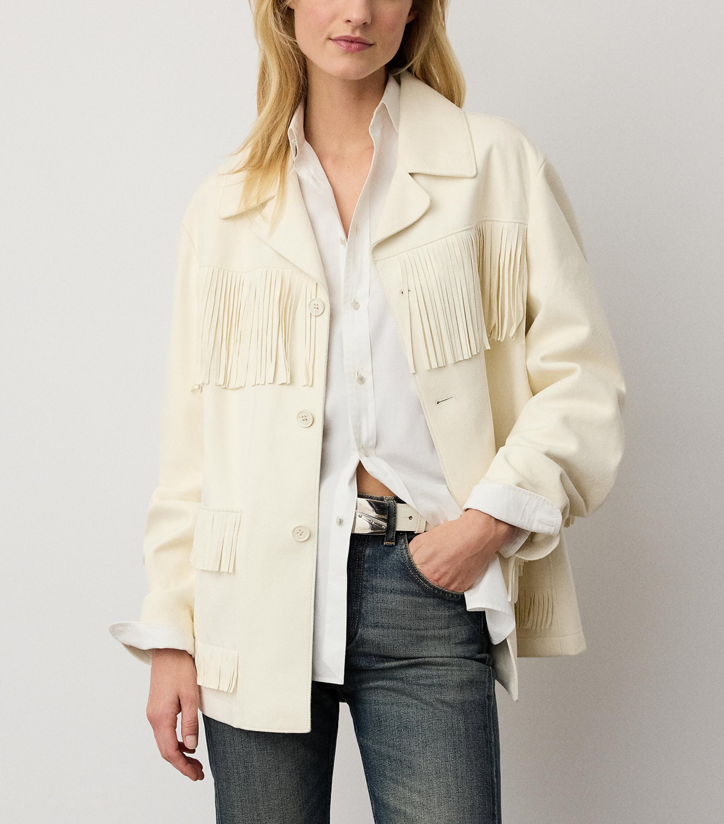 Ralph Lauren Collection Womens Lamb Suede Fringe-Trim Perce Jacket Cream Image 2