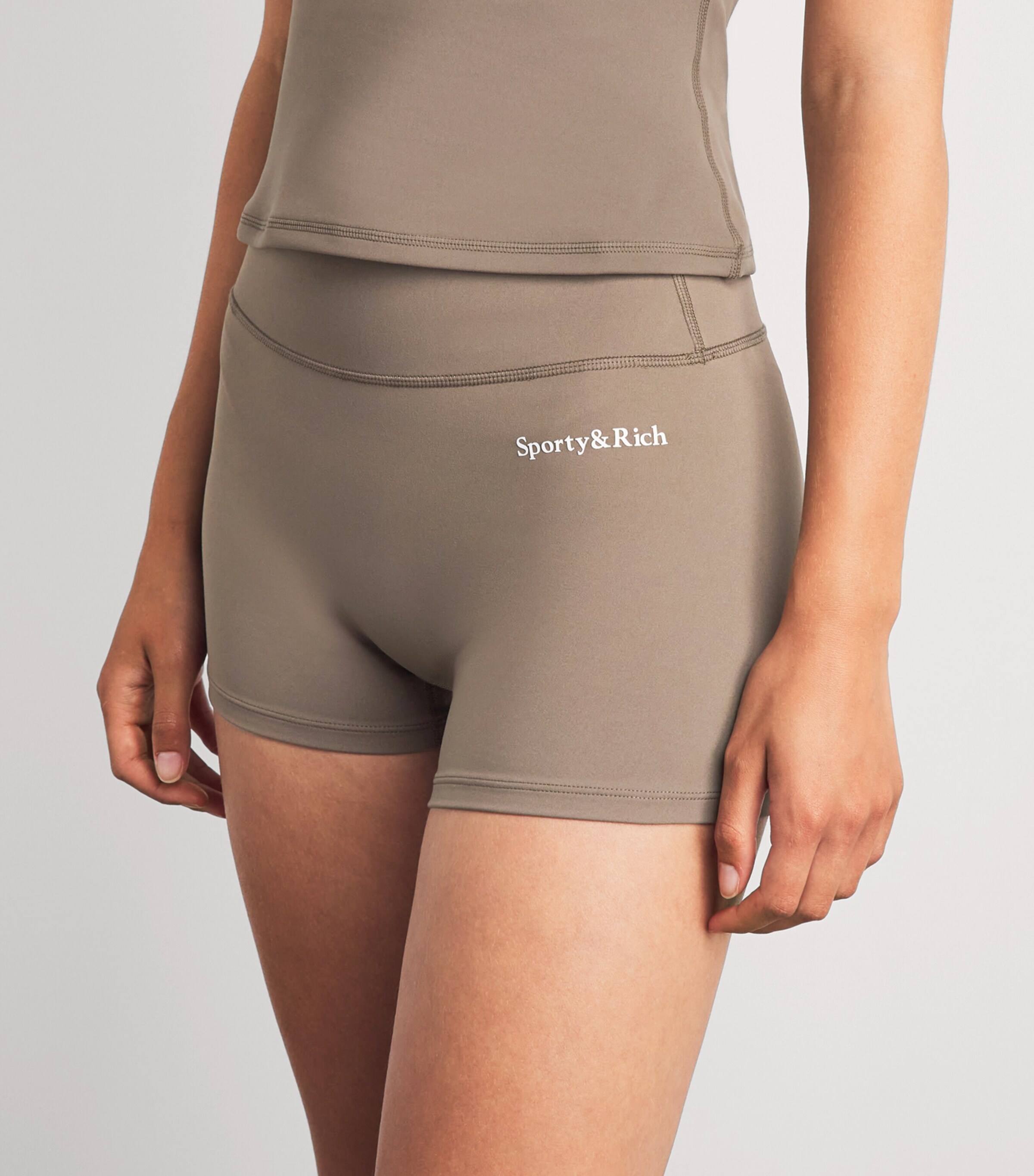 Sporty & Rich Womens Logo Serif Biker Shorts Sand White Image 3
