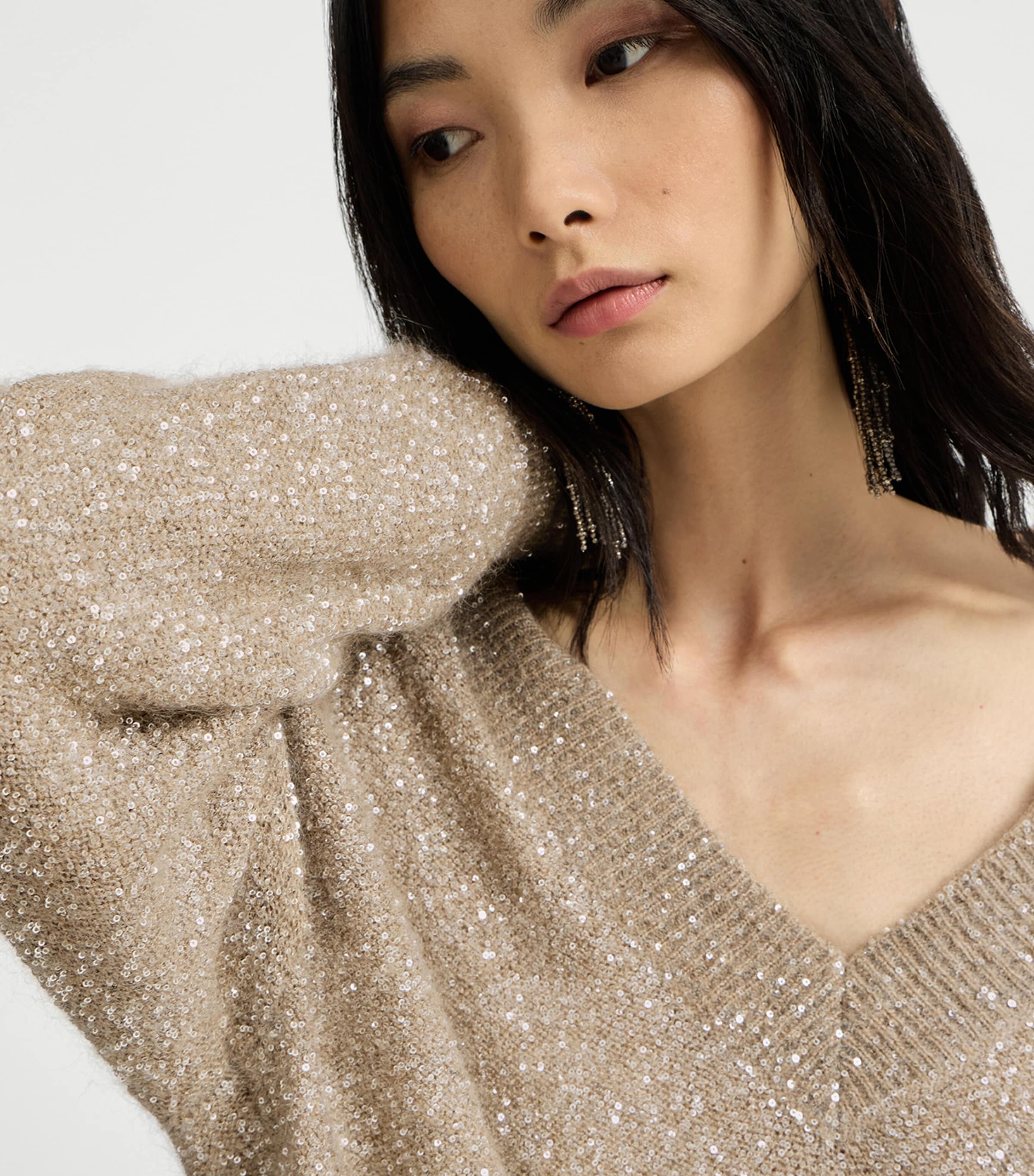 Brunello Cucinelli Womens Sparkling V-Neck Sweater Brown Image 6