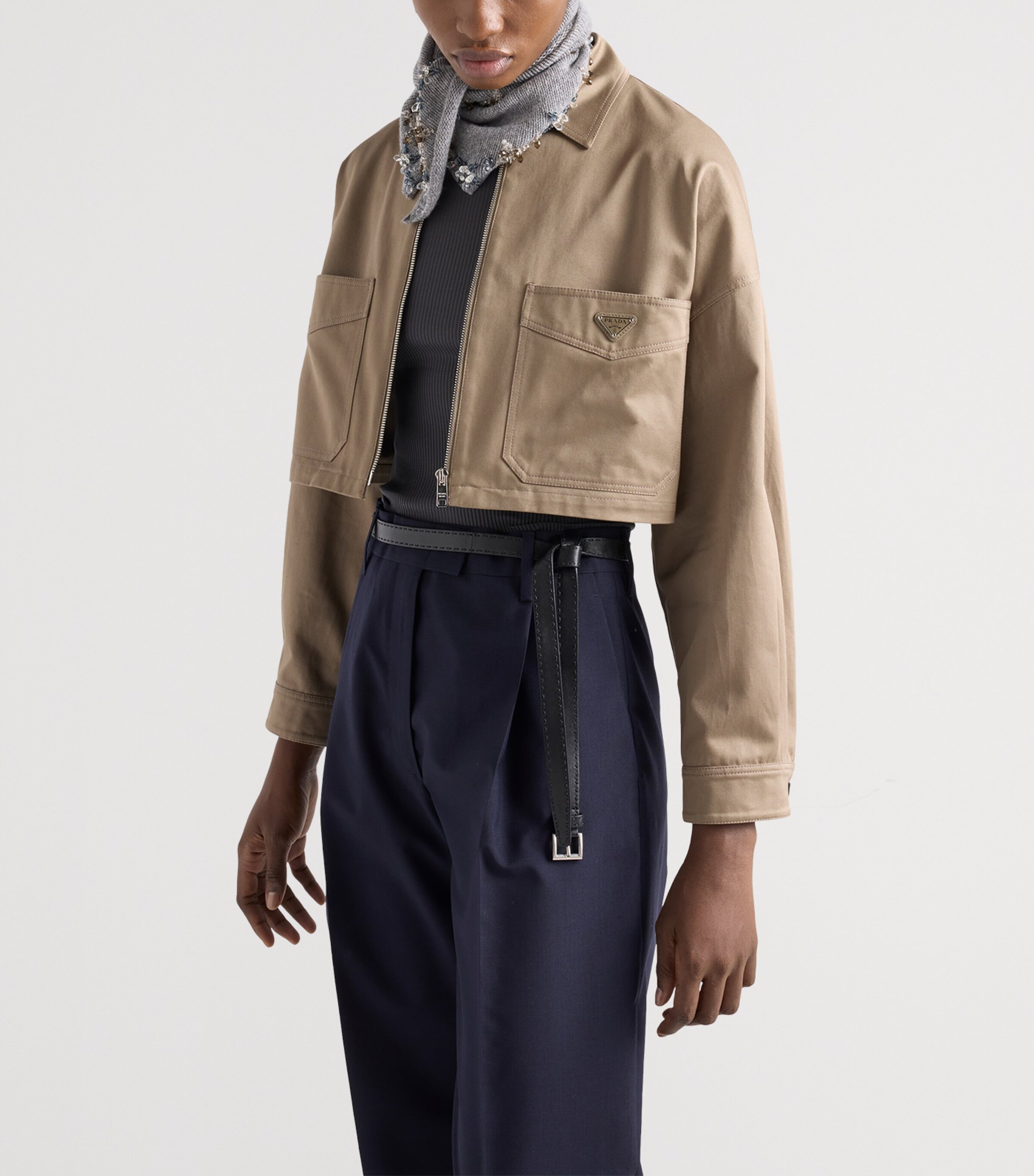 Prada Womens Cotton Cropped Blouson Jacket Grey Image 3