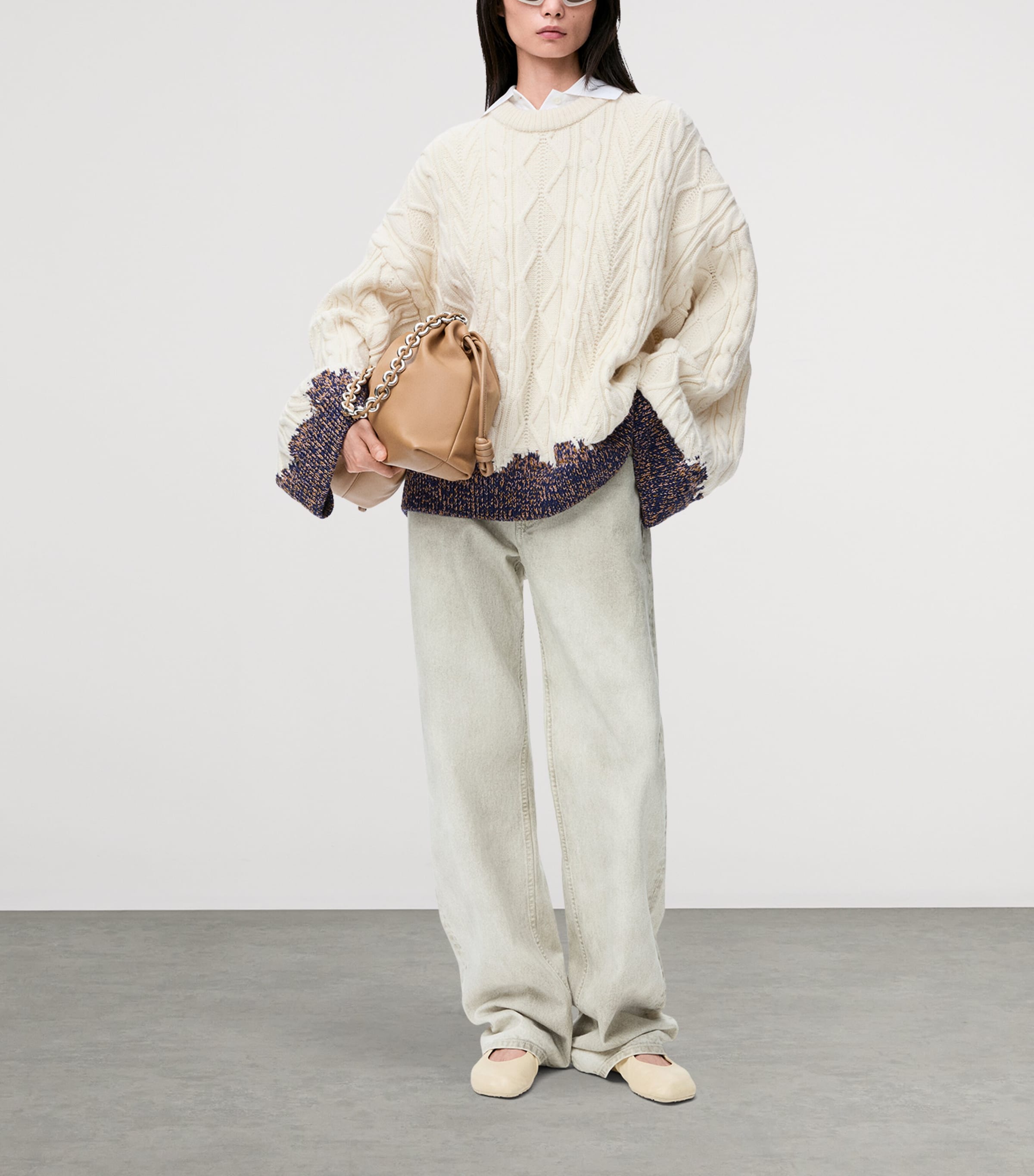 Wool Cable-Knit Contrast Sweater ECRU/BROWN Image 2