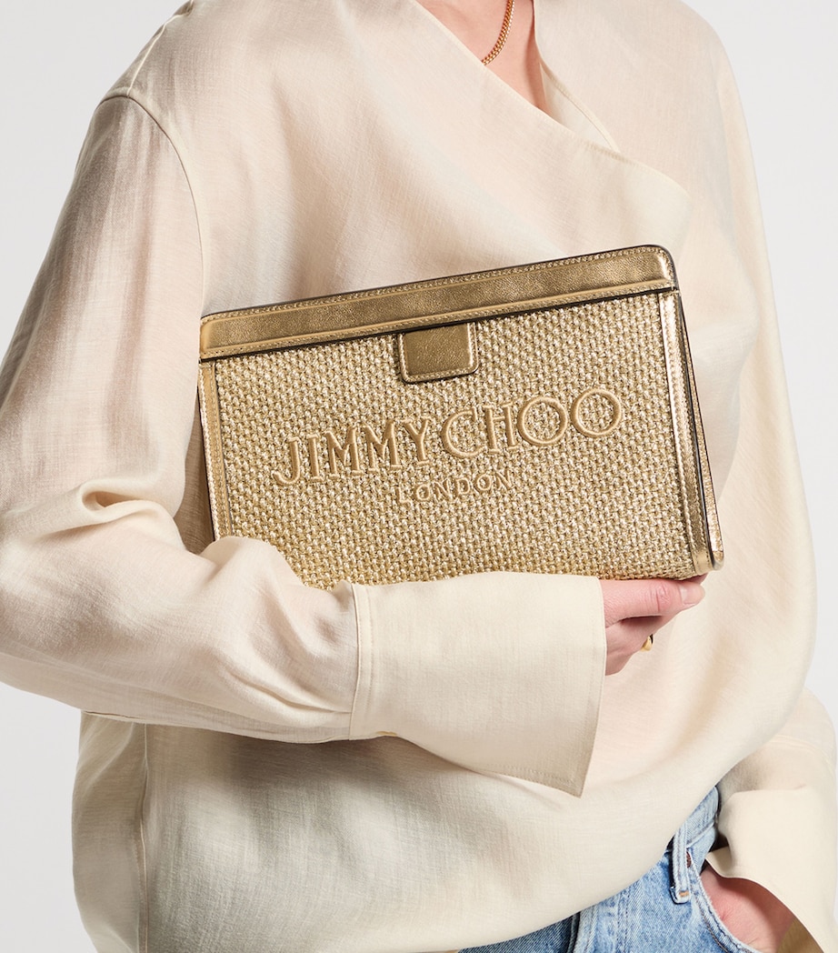 Jimmy Choo Raffia Leather-Trim Avenue Pouch Gold/dark Cappuccino Image 2