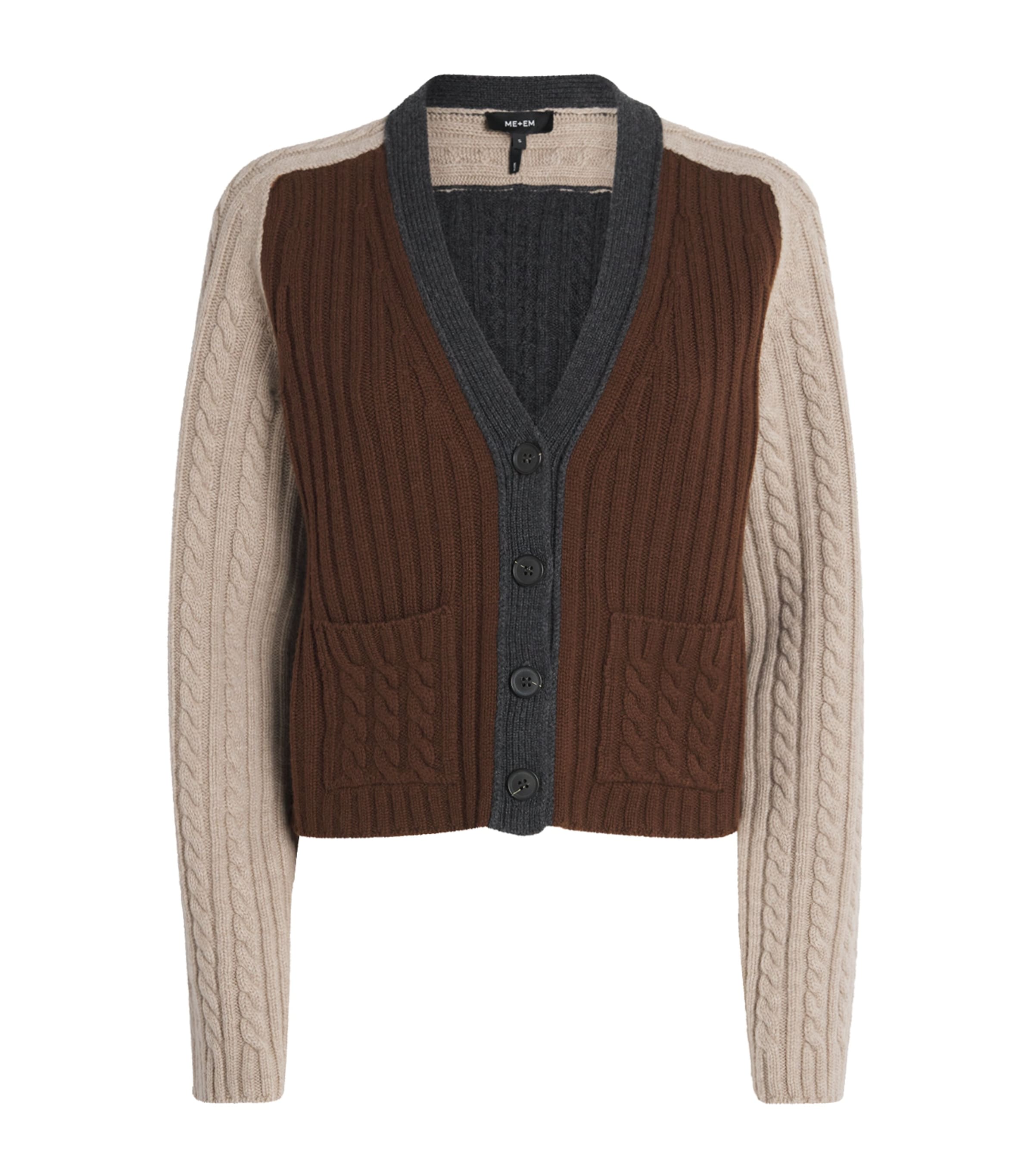 Me+em Merino Wool-cashmere Cable-knit Cardigan In Brown