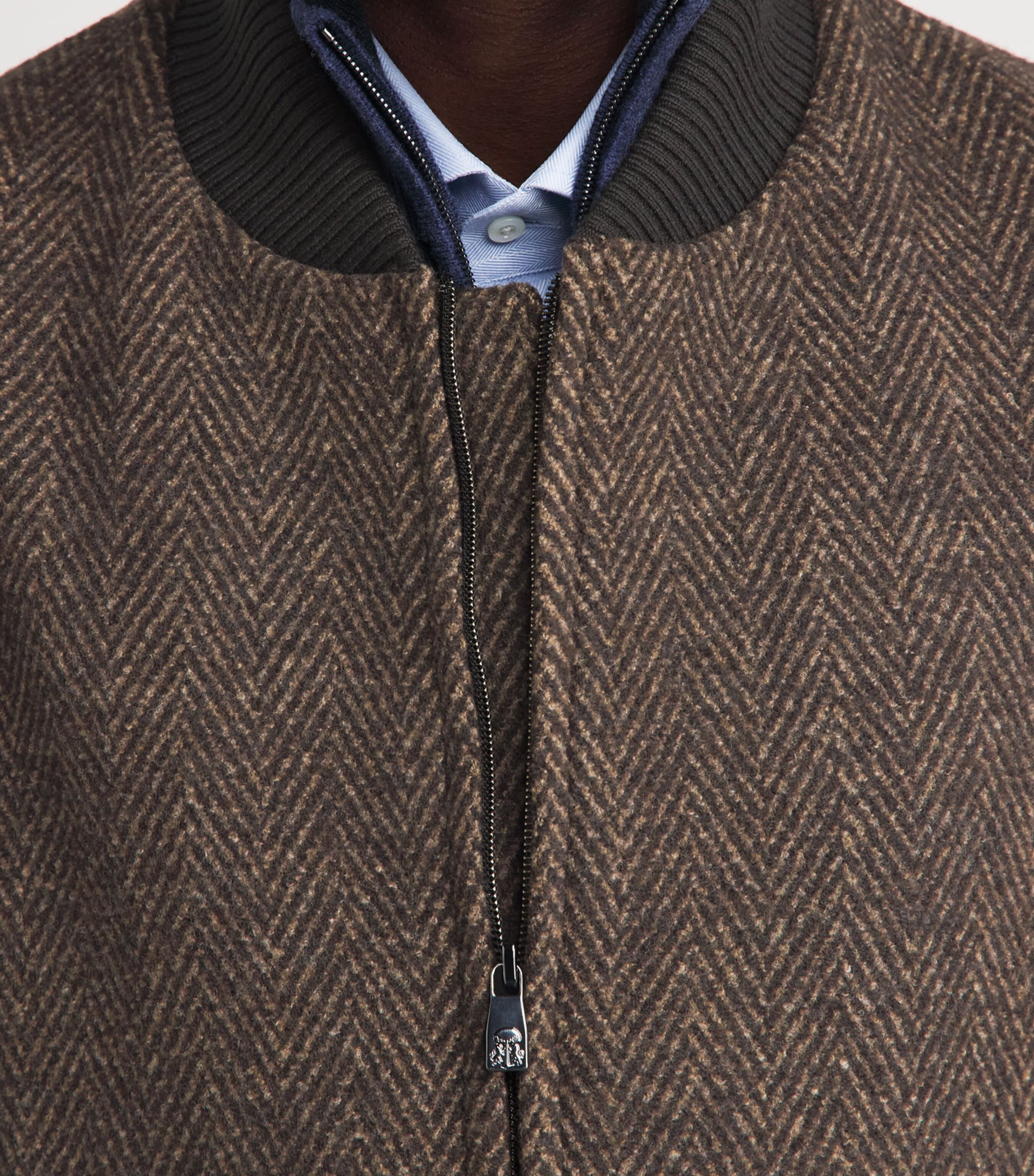 Corneliani Mens Wool Herringbone Bomber Jacket Dark Brown Image 3