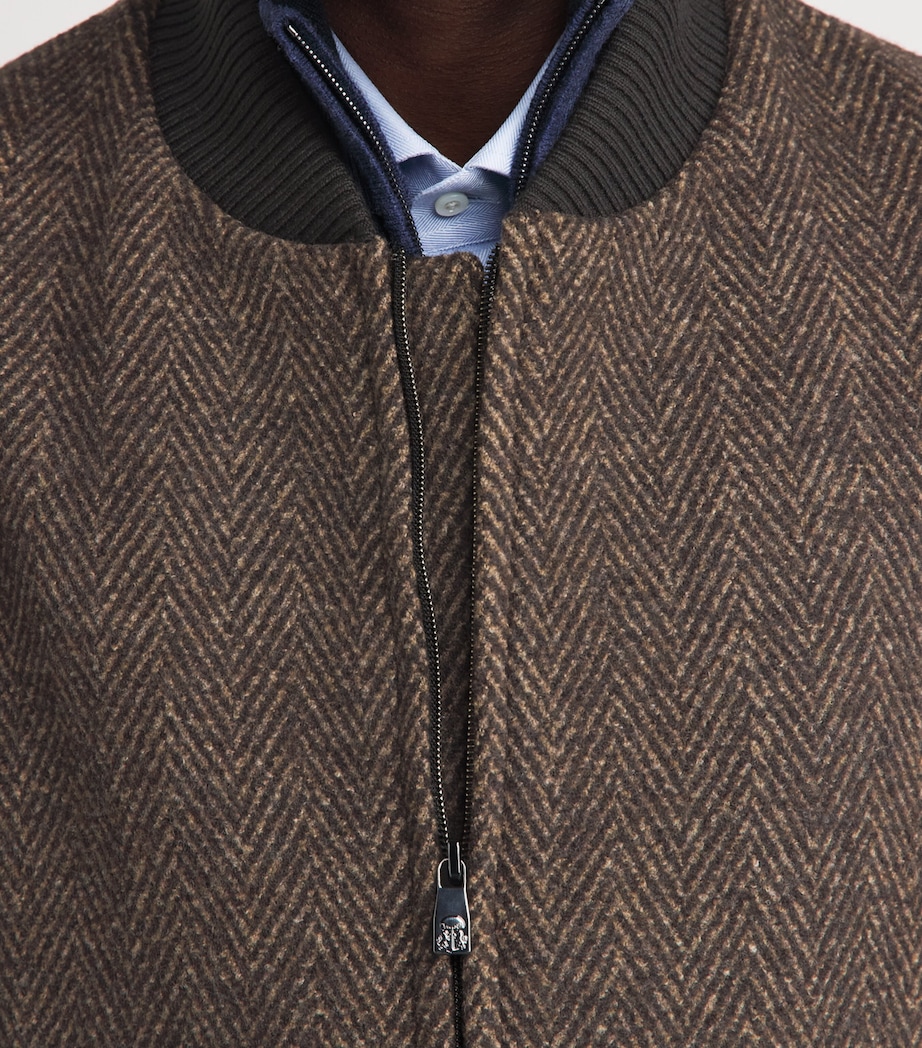 Corneliani Mens Wool Herringbone Bomber Jacket Dark Brown Image 3