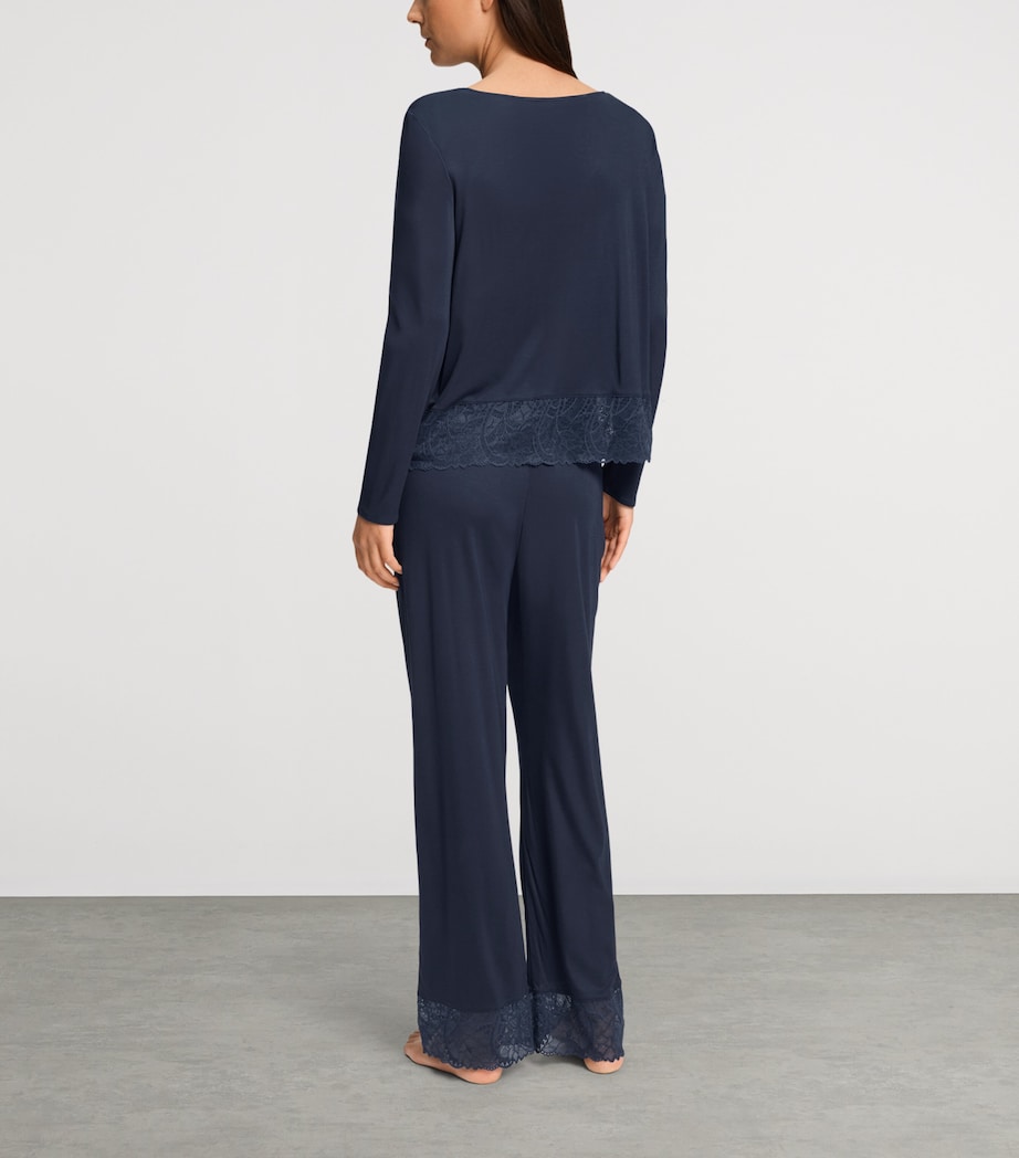 Hanro Womens Lace-Trim Long-Sleeve Pyjamas Deep Navy Image 4