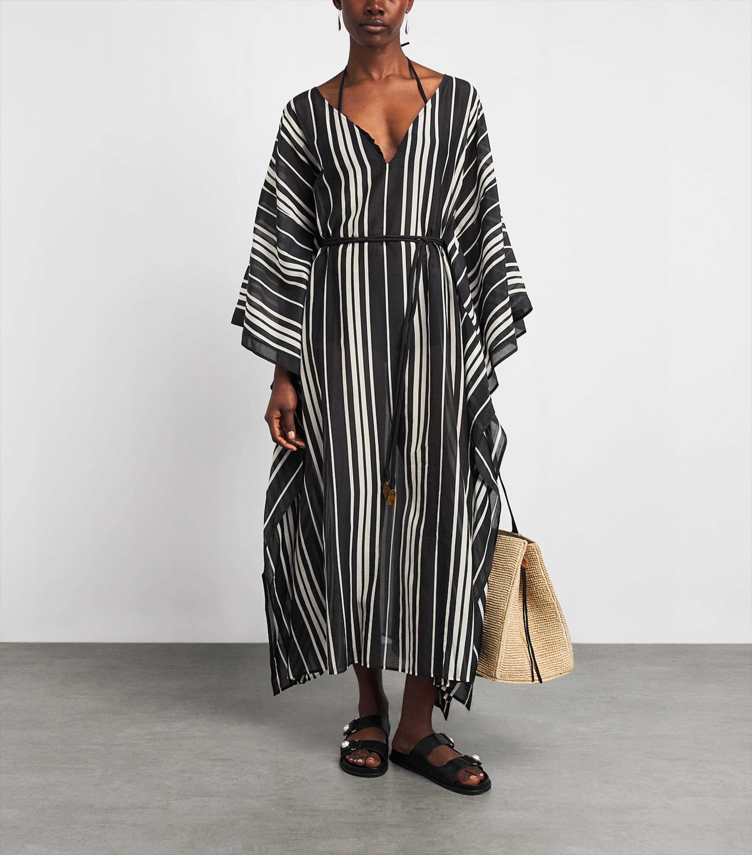 Tory Burch Womens Cotton-Silk Kaftan Black Stripe Image 2