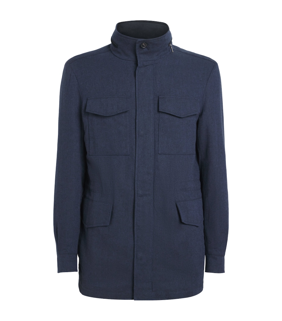 N.Peal Mens Linen-Cotton Hampton Jacket Blue Herringbone Image 1