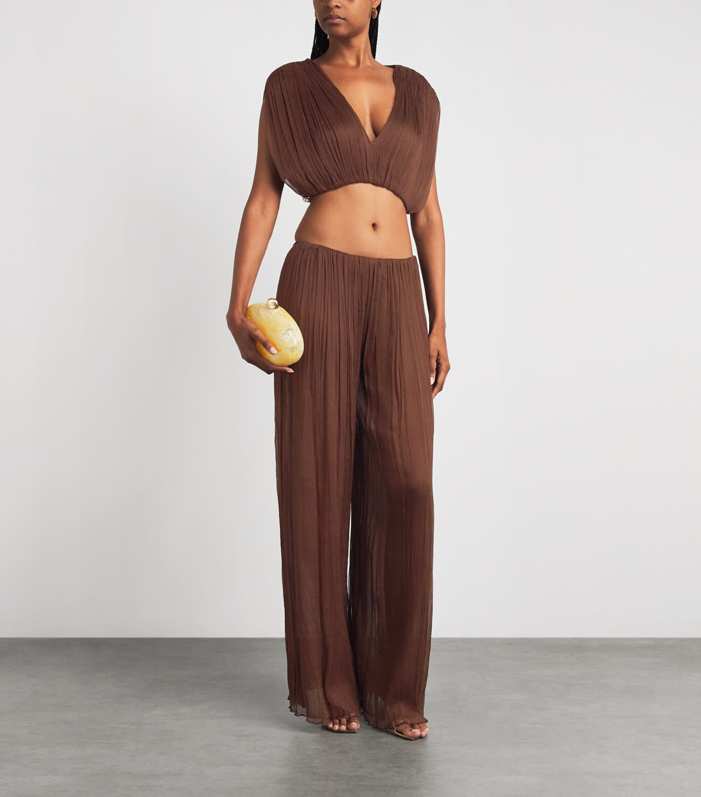 Moré Noir Womens Silk Chiffon Izzi Crop Top Bitter Chocolate Image 2