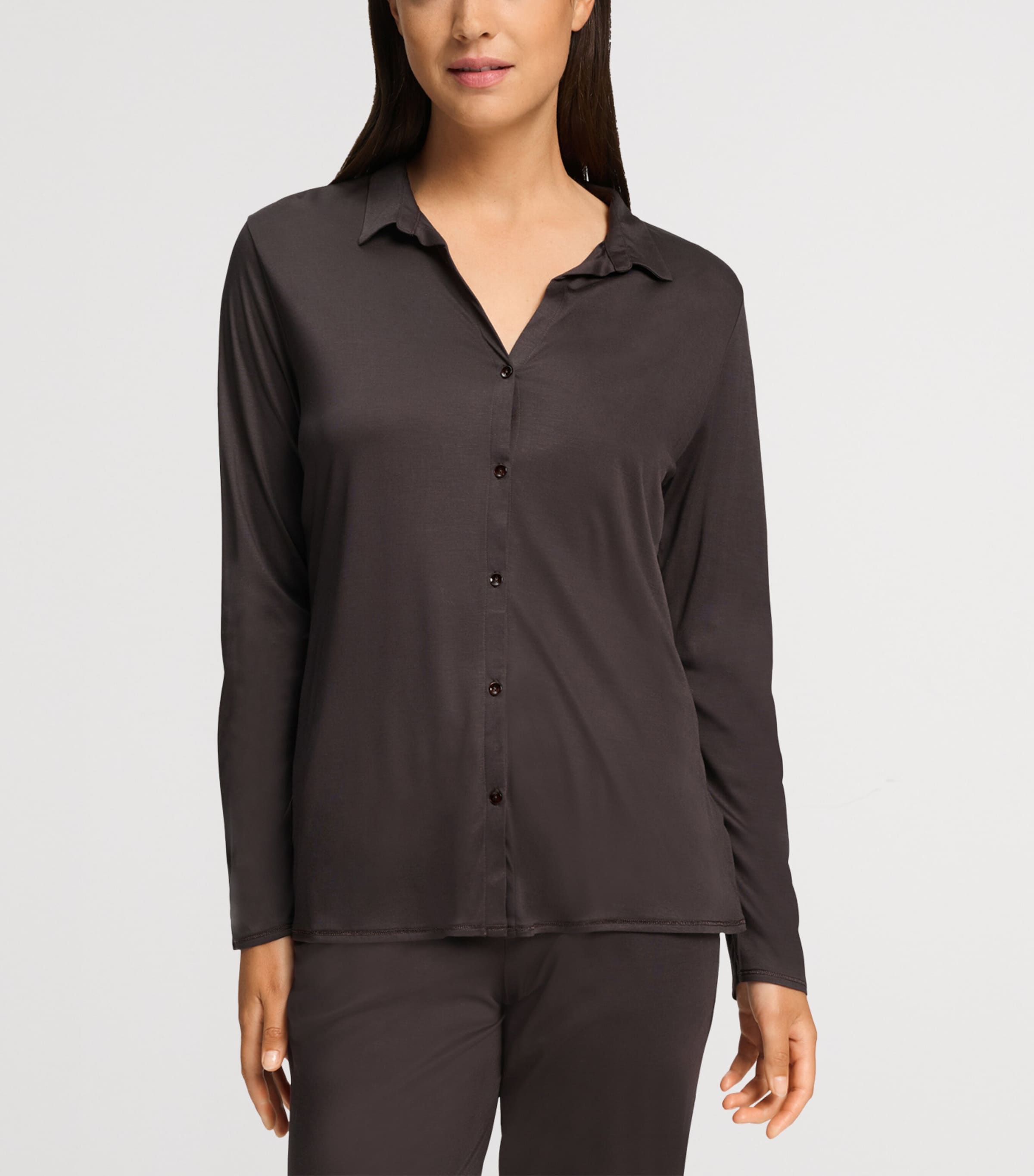 Hanro Womens Modal-Silk Grand Central Pyjama Shirt Dark Mocha Image 4