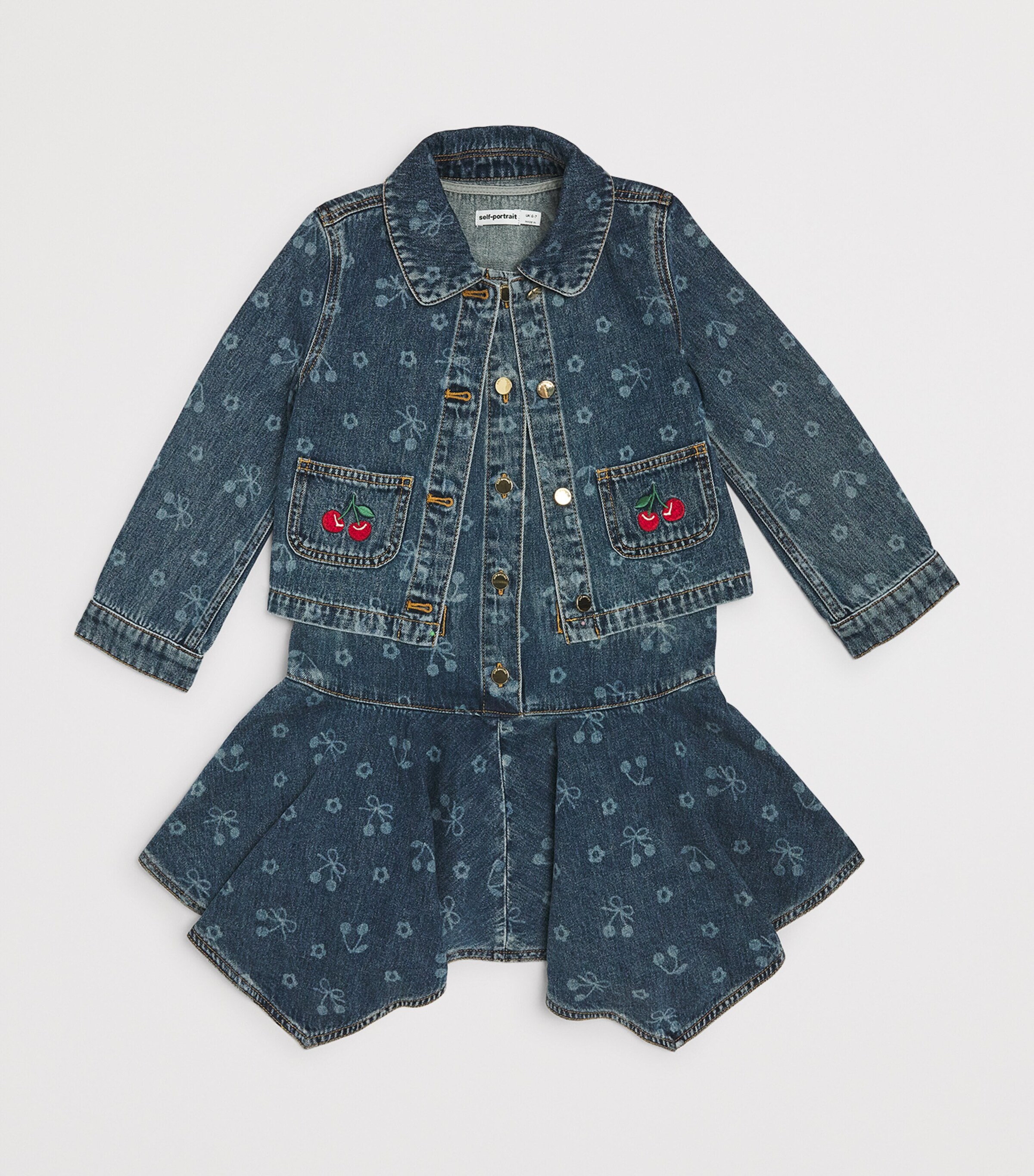 Self-Portrait Kids Denim Cherry Print Dress (3-12 Years) Blue Image 3