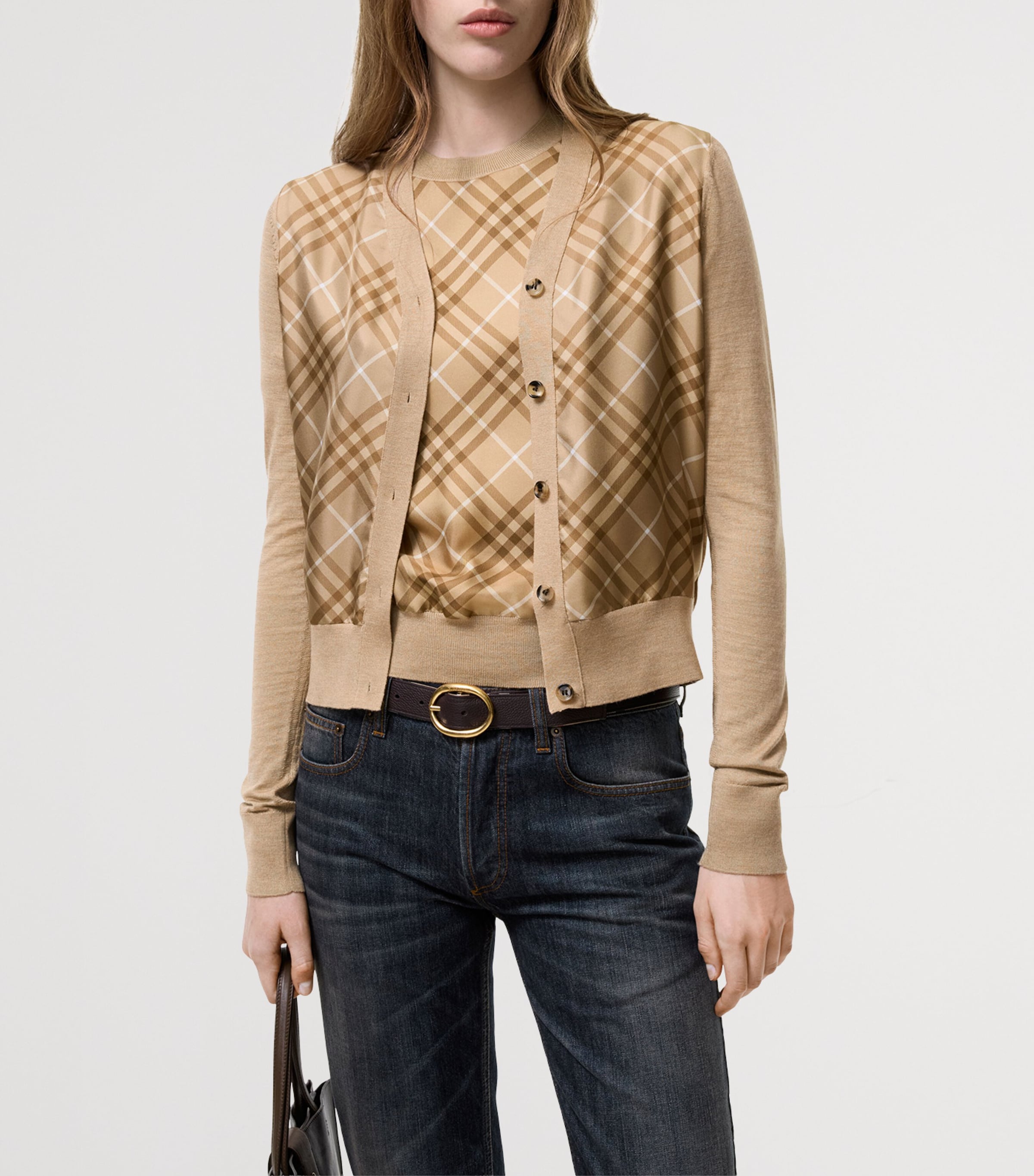 Burberry Womens Wool-Silk Check Panel Cardigan Camel Image 2