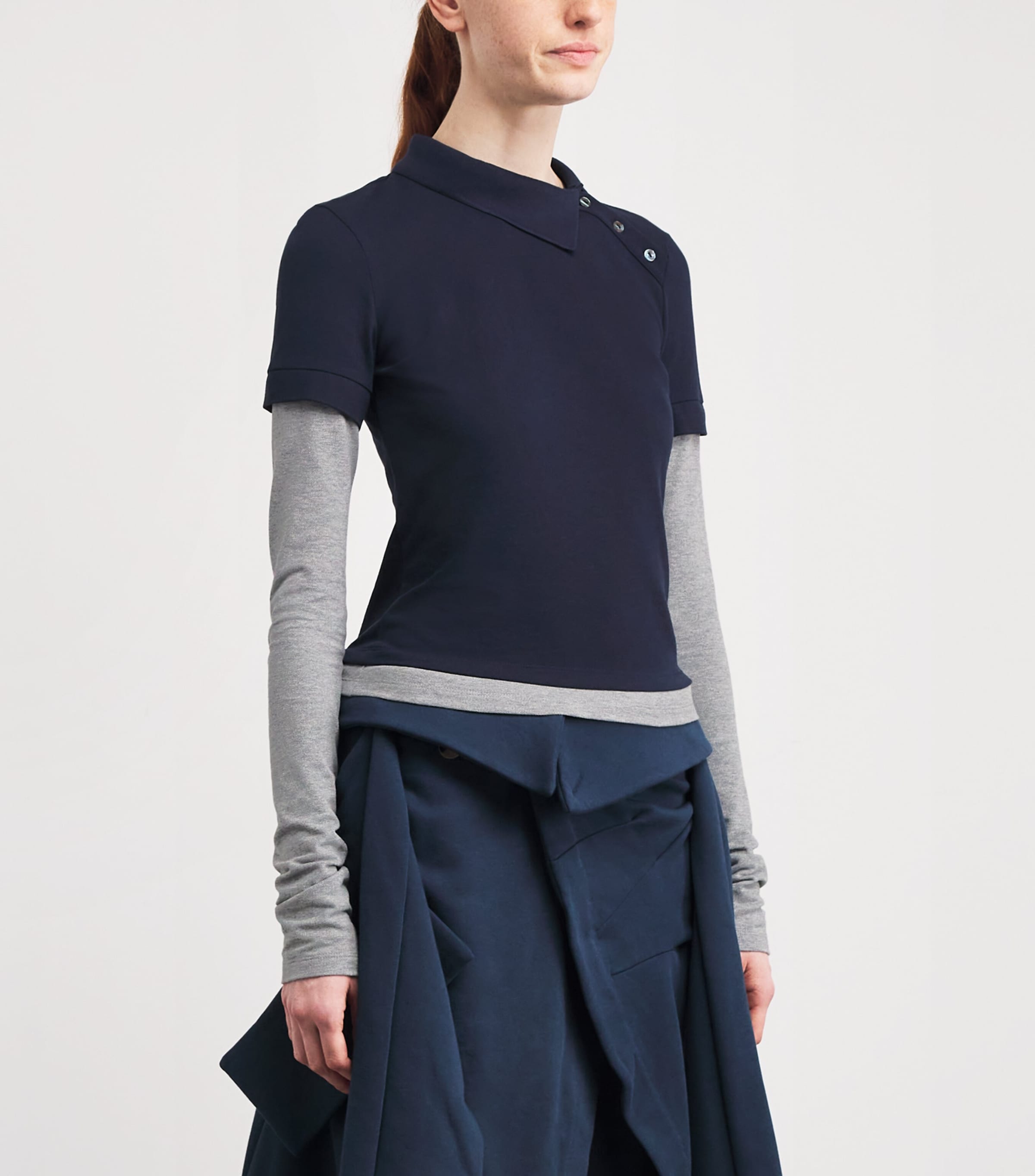 A.W.A.K.E. Mode Womens Cotton Asymmetric Double Polo Shirt Navy / Grey Image 3