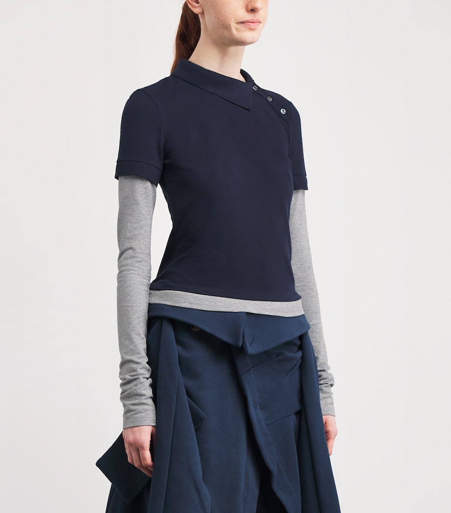 A.W.A.K.E. Mode Womens Cotton Asymmetric Double Polo Shirt Navy / Grey Image 3