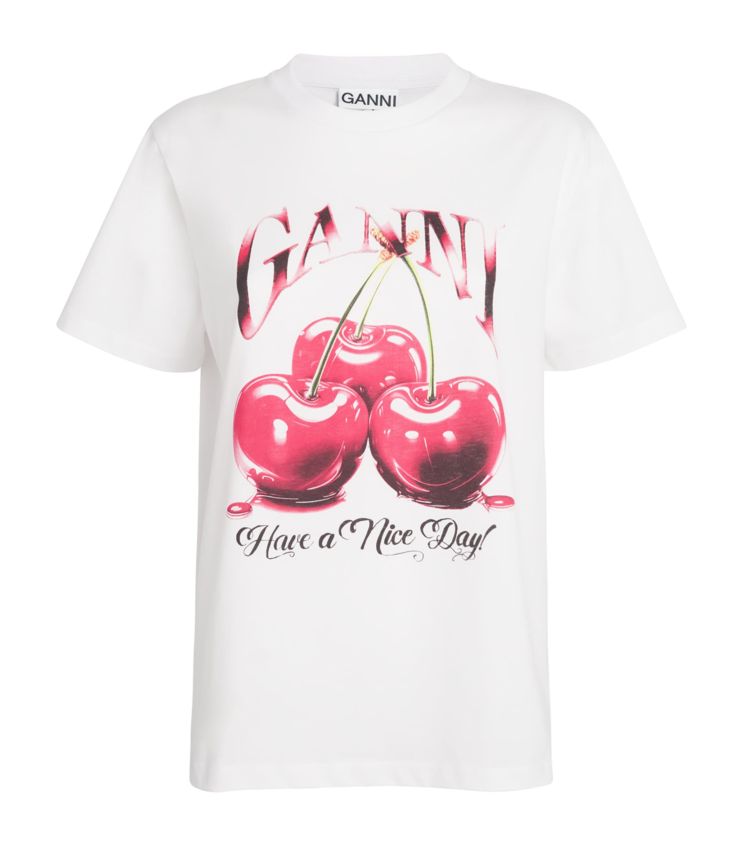 Ganni White T-shirt With Cherry Print And Logo Lettering On The Front In Cotton Woman In White