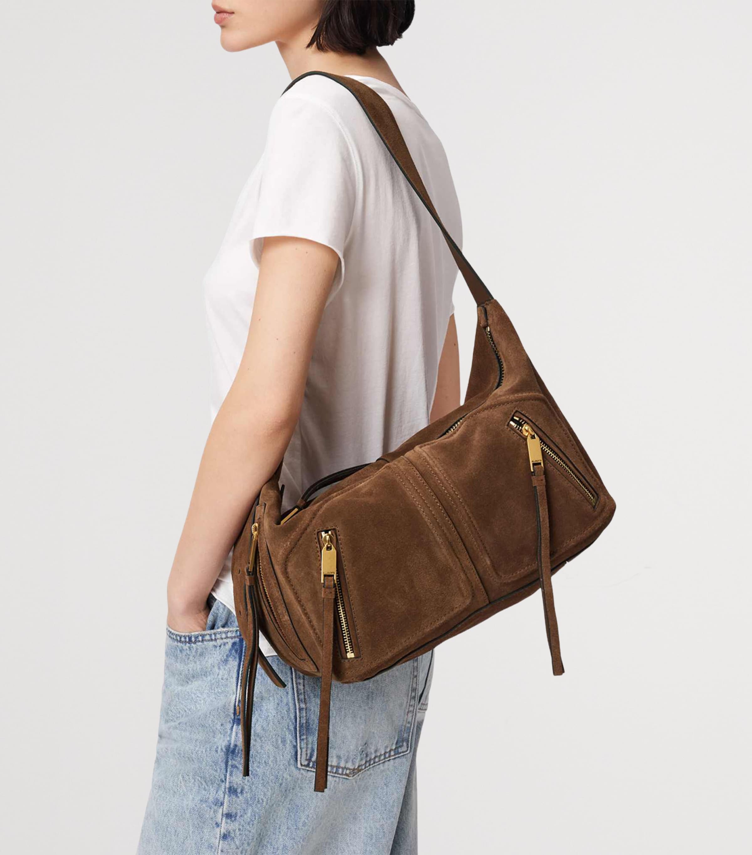 AllSaints Suede Jean Rey Shoulder Bag Sugar Brown Image 2