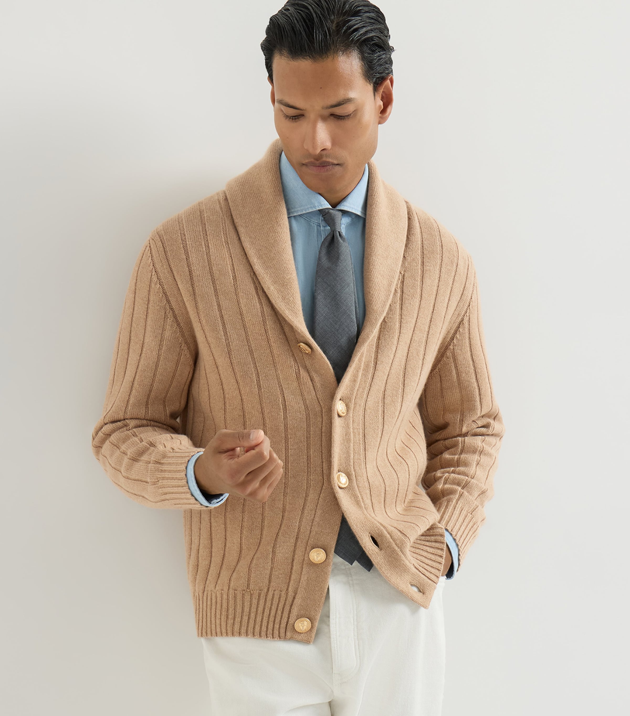 Brunello Cucinelli Mens Cashmere Ribbed Cardigan Camel Image 4
