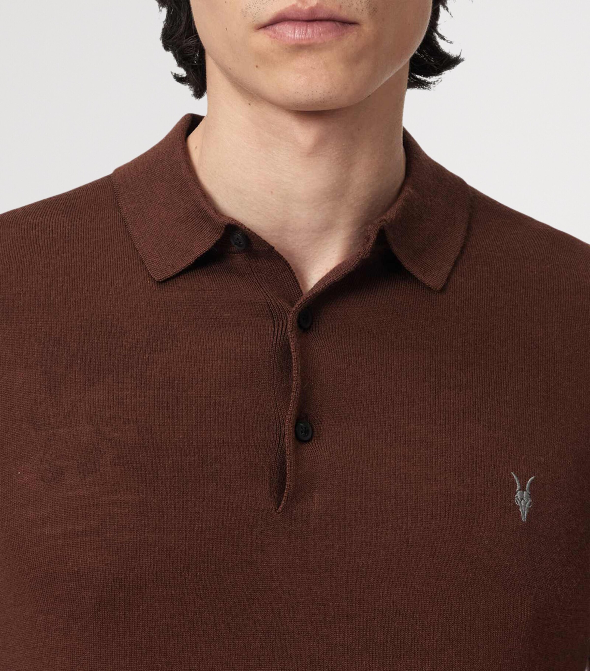 AllSaints Mens Merino Wool Mode Polo Shirt Hot Choc Brown Image 6
