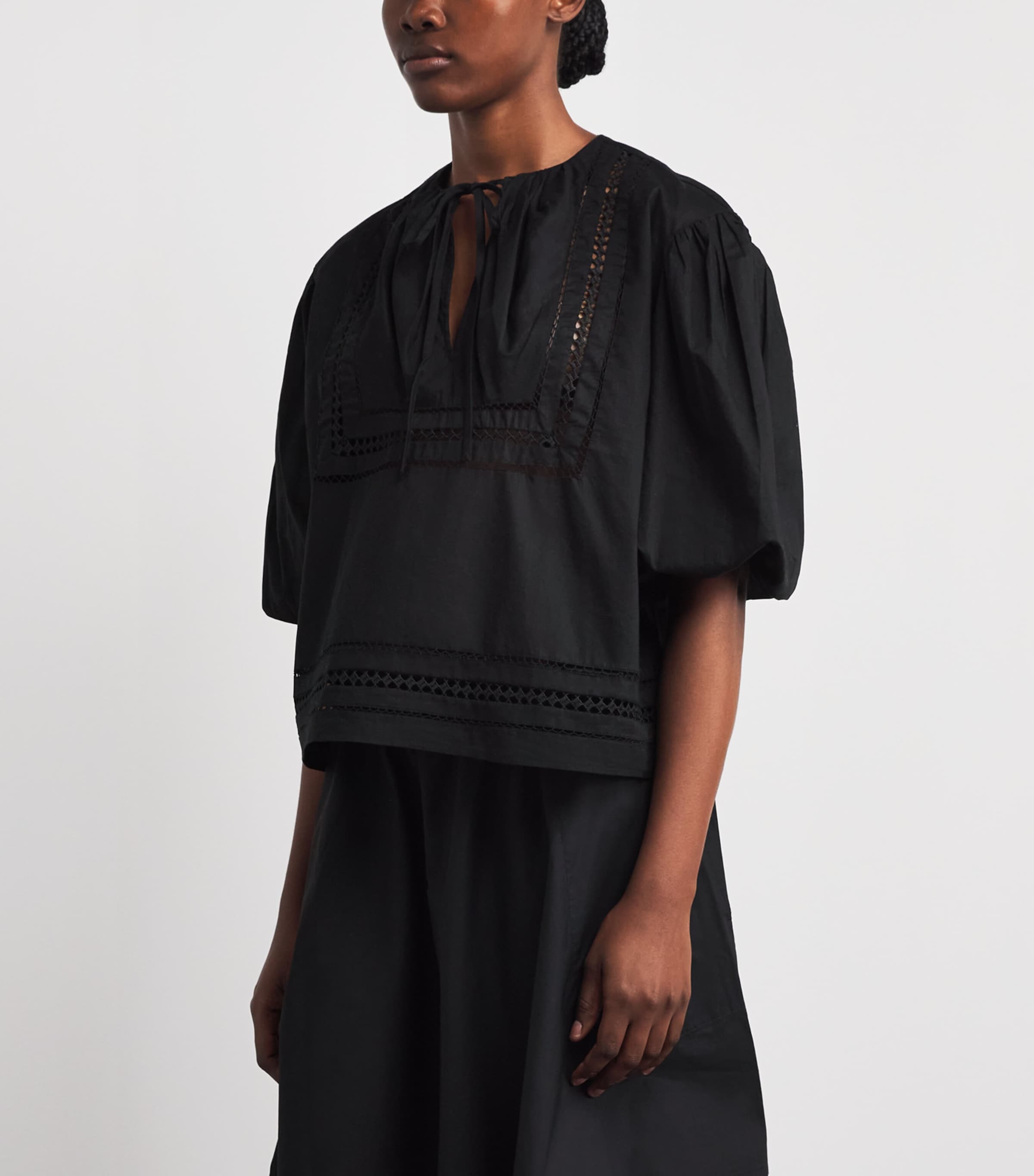 Polo Ralph Lauren Womens Cotton Lace-Trim Blouse Polo Black Image 4