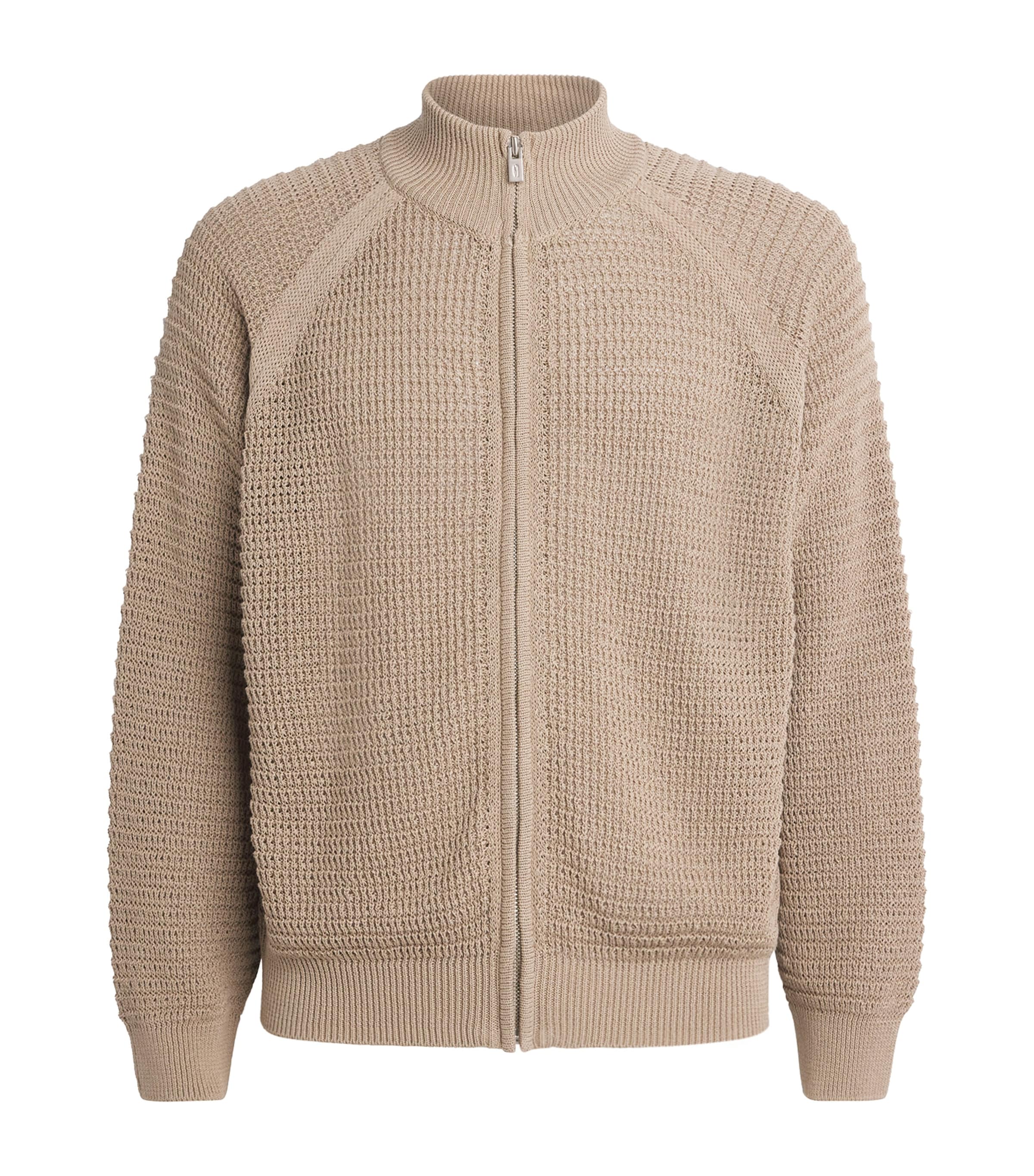 Le 17 Septembre Mens Open-Knit Zip-Up Cardigan Beige Image 1