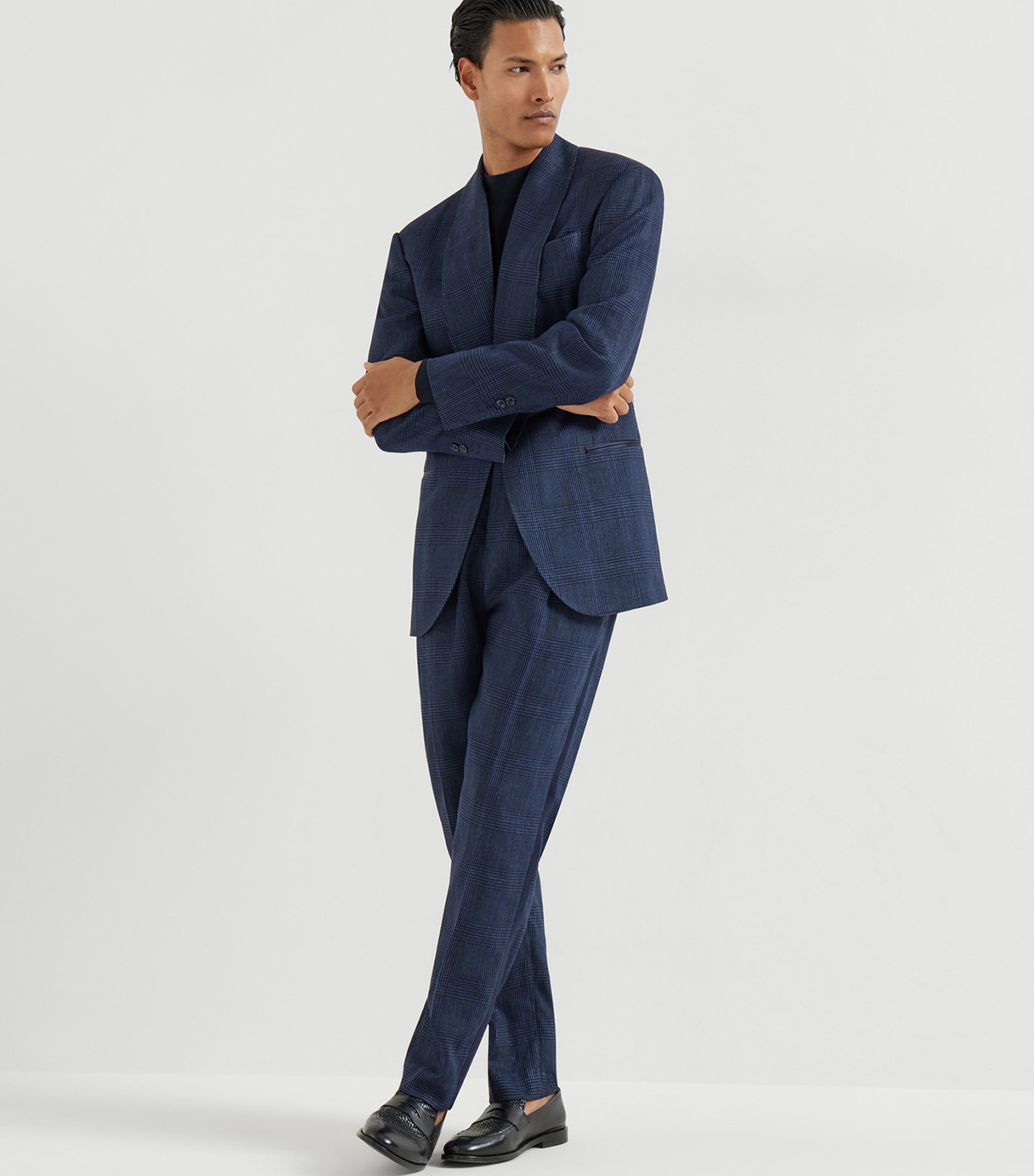 Brunello Cucinelli Mens Cotton-Linen Prince of Wales Check Tuxedo Image 3