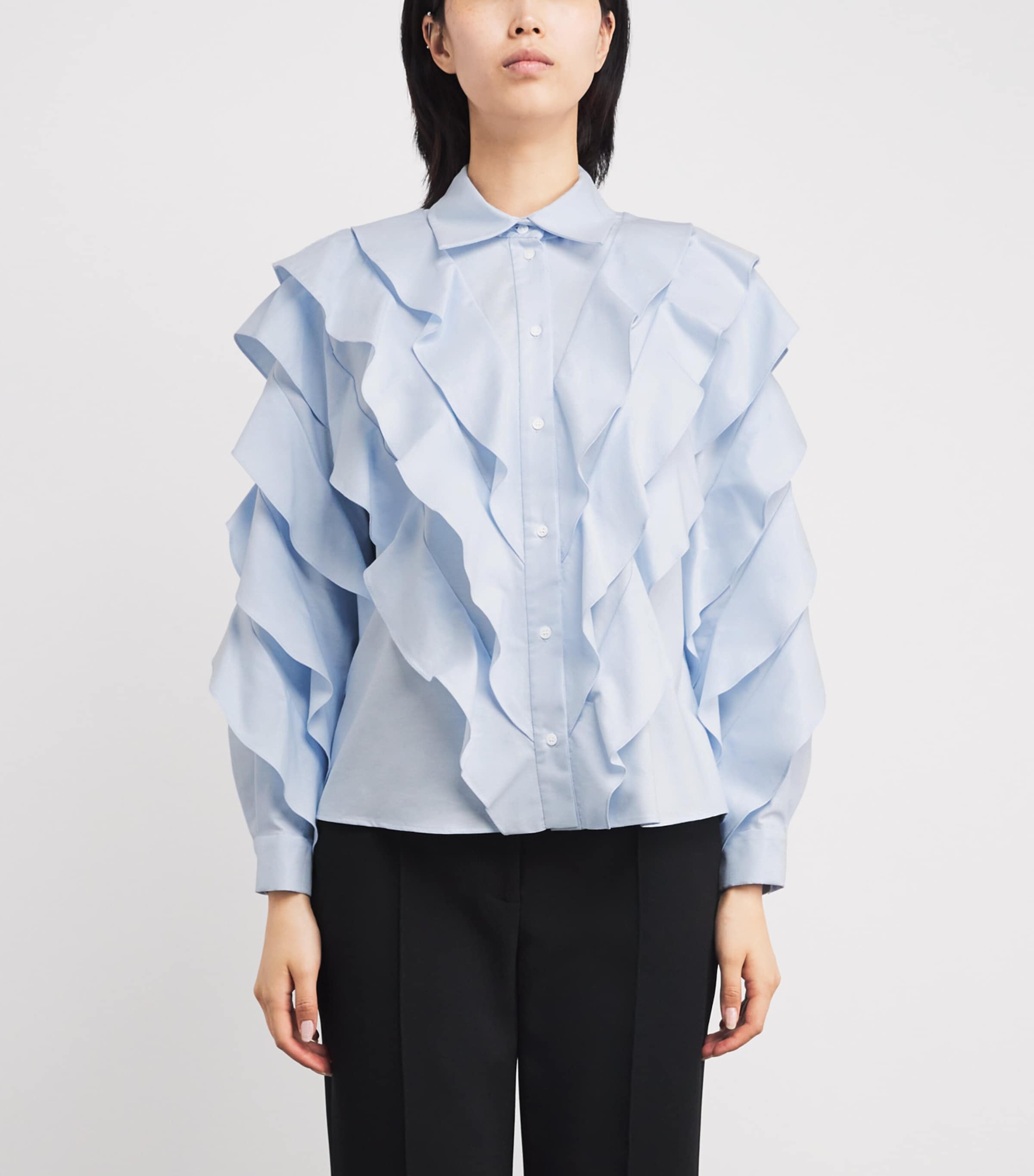Sandro Paris Womens Cotton Ruffled Shirt Sky Blue Image 3