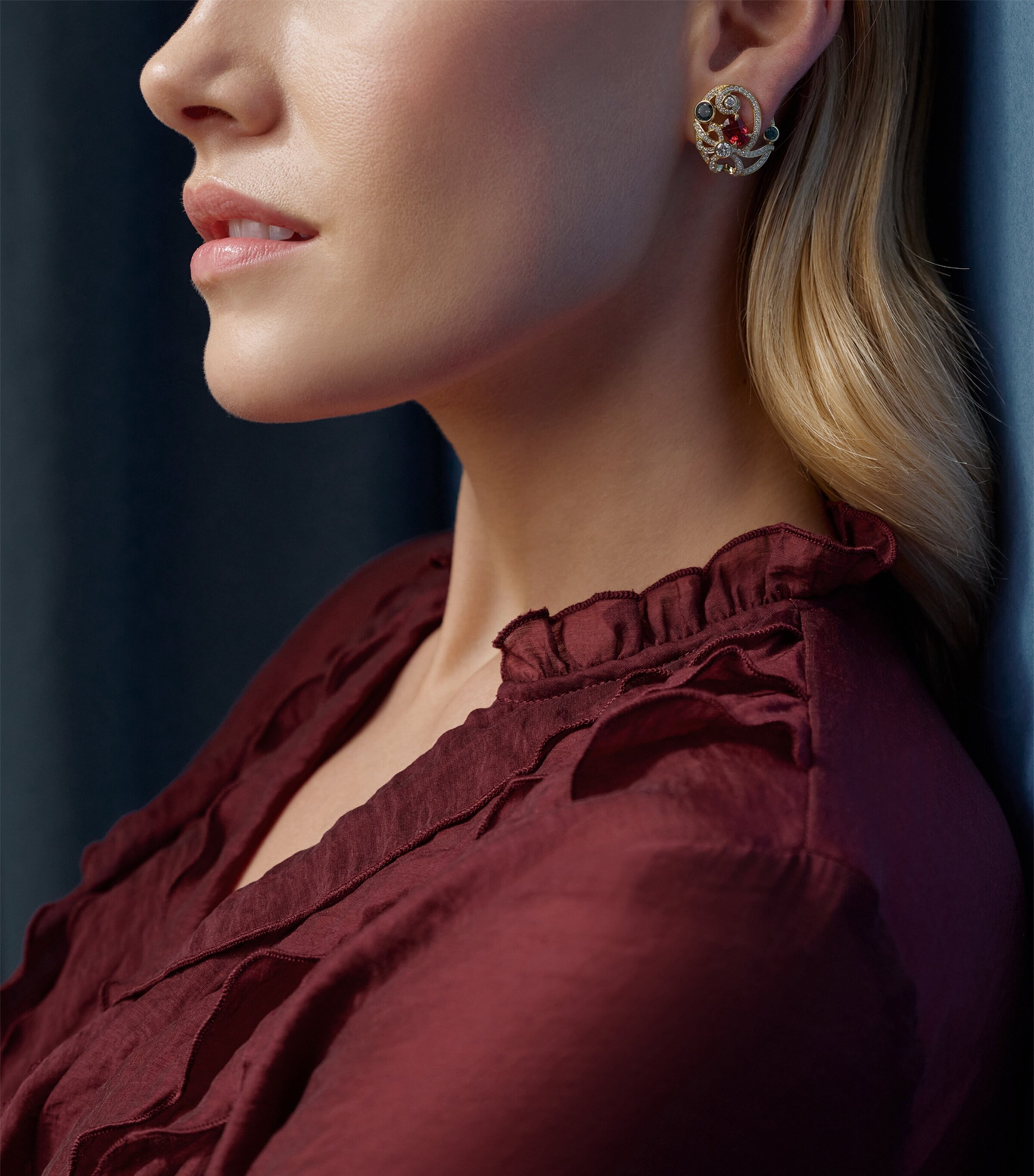 Boodles Yellow Gold, Diamond, Ruby and Sapphire Presence Chamber Palace Earrings Red Image 2