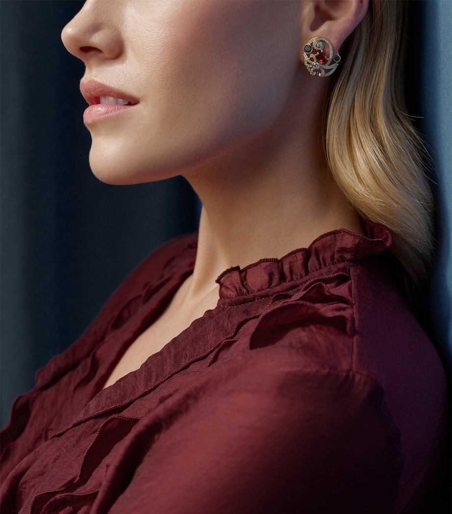 Boodles Yellow Gold, Diamond, Ruby and Sapphire Presence Chamber Palace Earrings Red Image 2