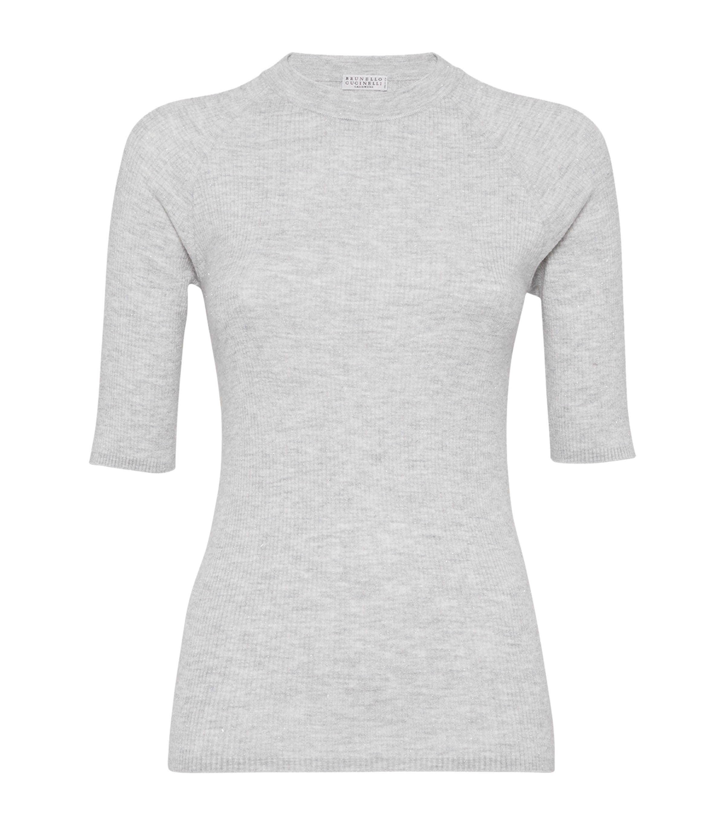 Brunello Cucinelli Cashmere Sparkling Short-sleeve Sweater In Gray