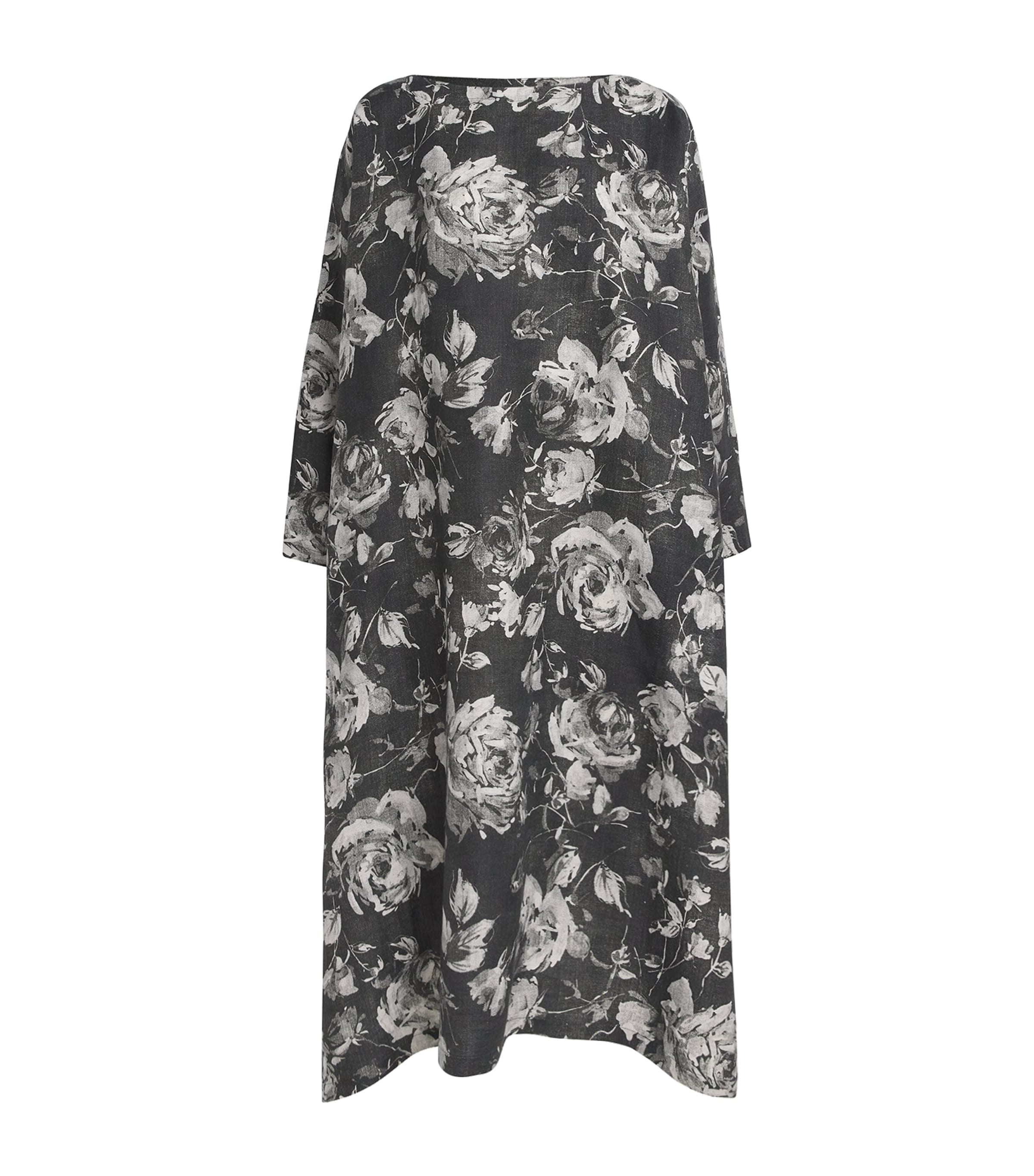 Eskandar Linen Floral Scoop-neck Midi Dress In Black