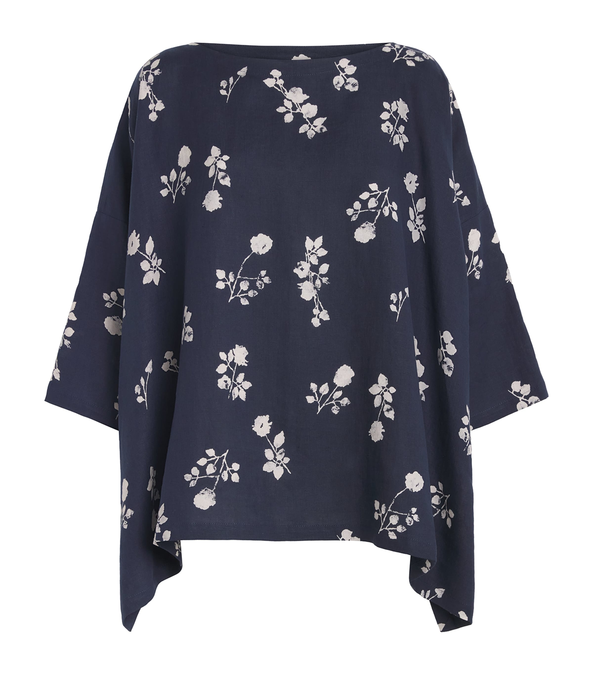 Eskandar Linen Floral Boat-neck Blouse In Blue