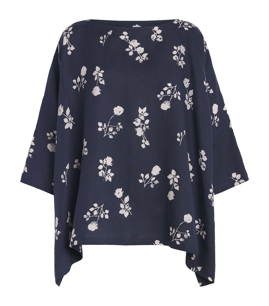 Eskandar Womens Linen Floral Boat-Neck Blouse Navy Image 1