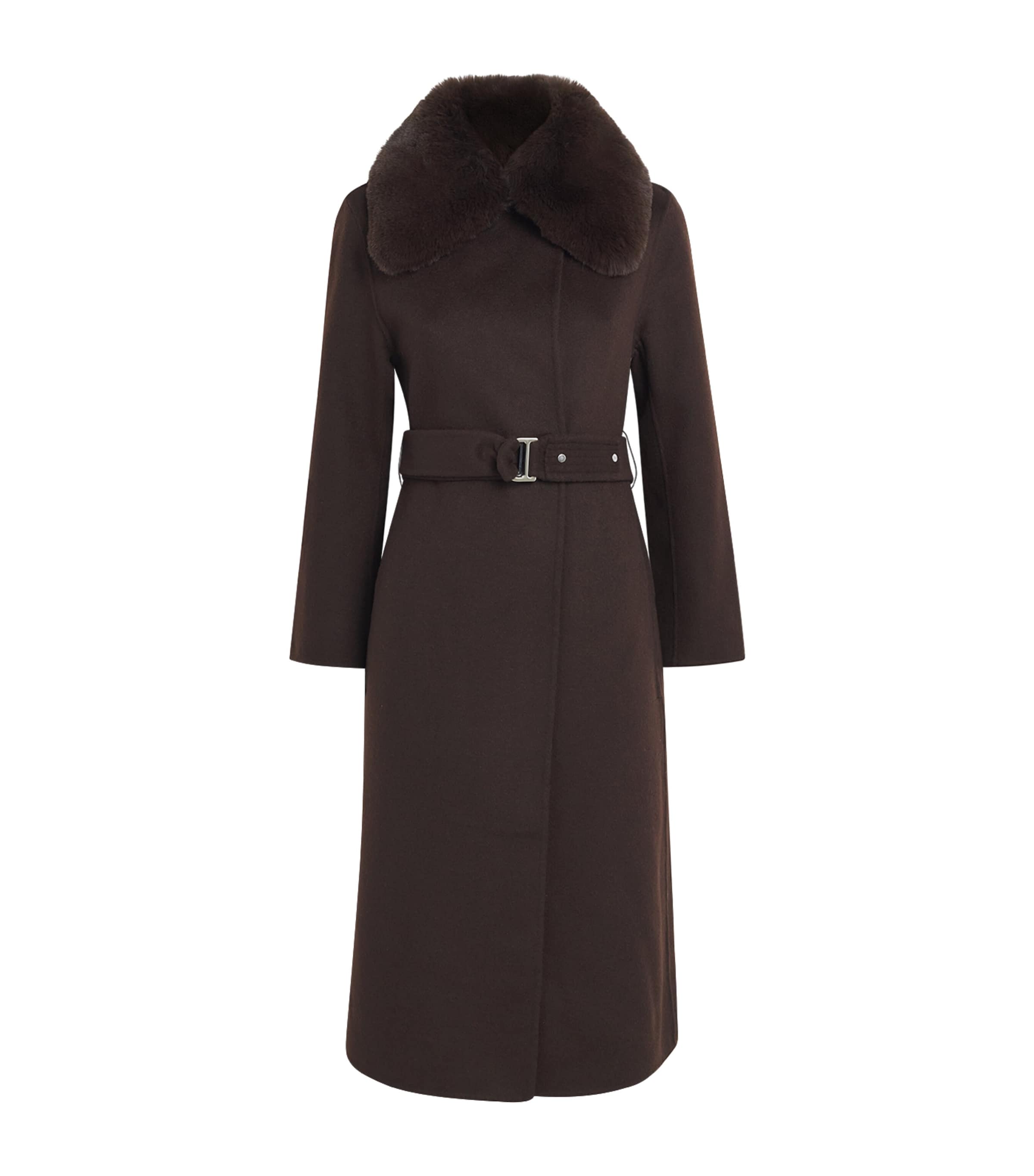 Maje Womens Wool-Blend Faux Fur-Collar Coat Brown Image 1
