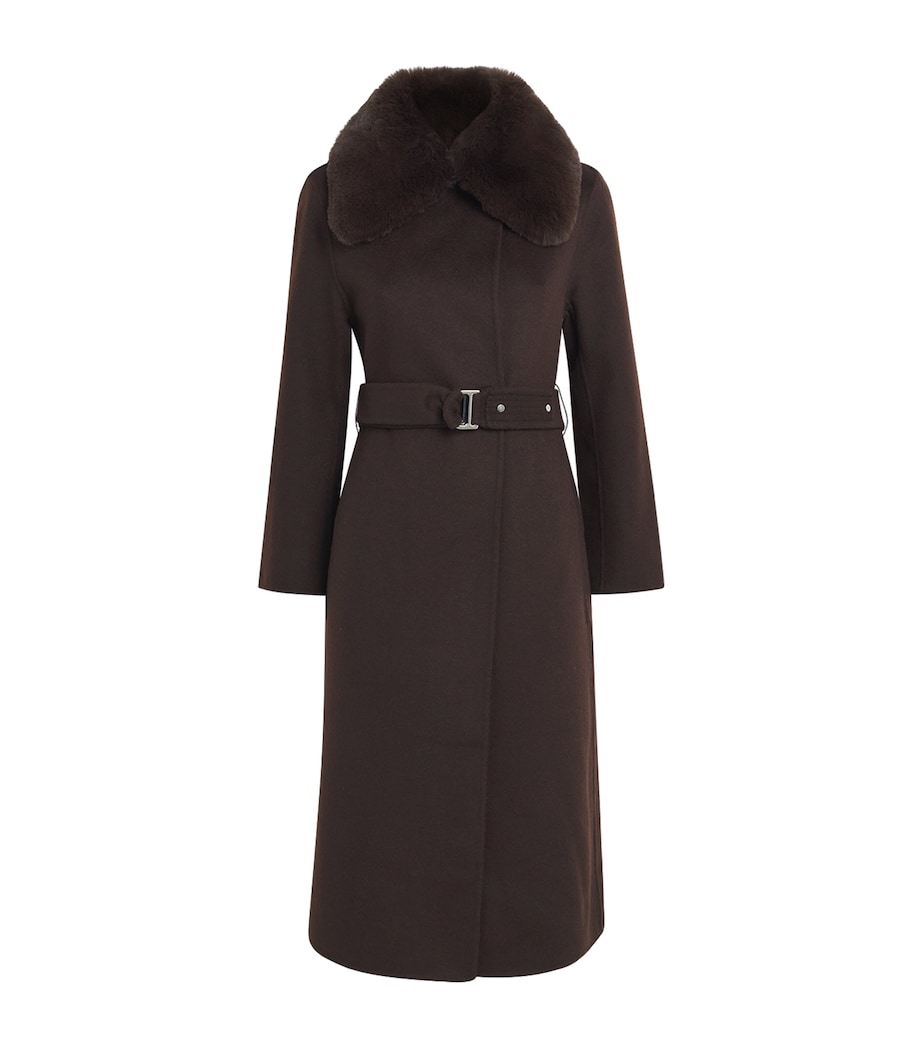Maje Womens Wool-Blend Faux Fur-Collar Coat Brown Image 1