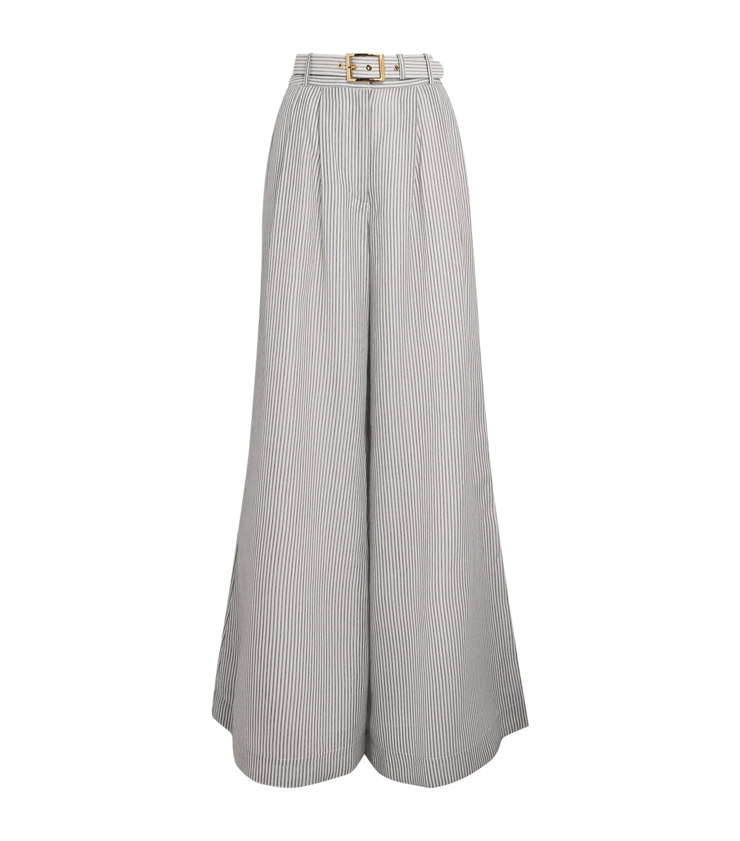 Zimmermann Belted Striped Cotton And Silk-blend Wide-leg Pants In Gray
