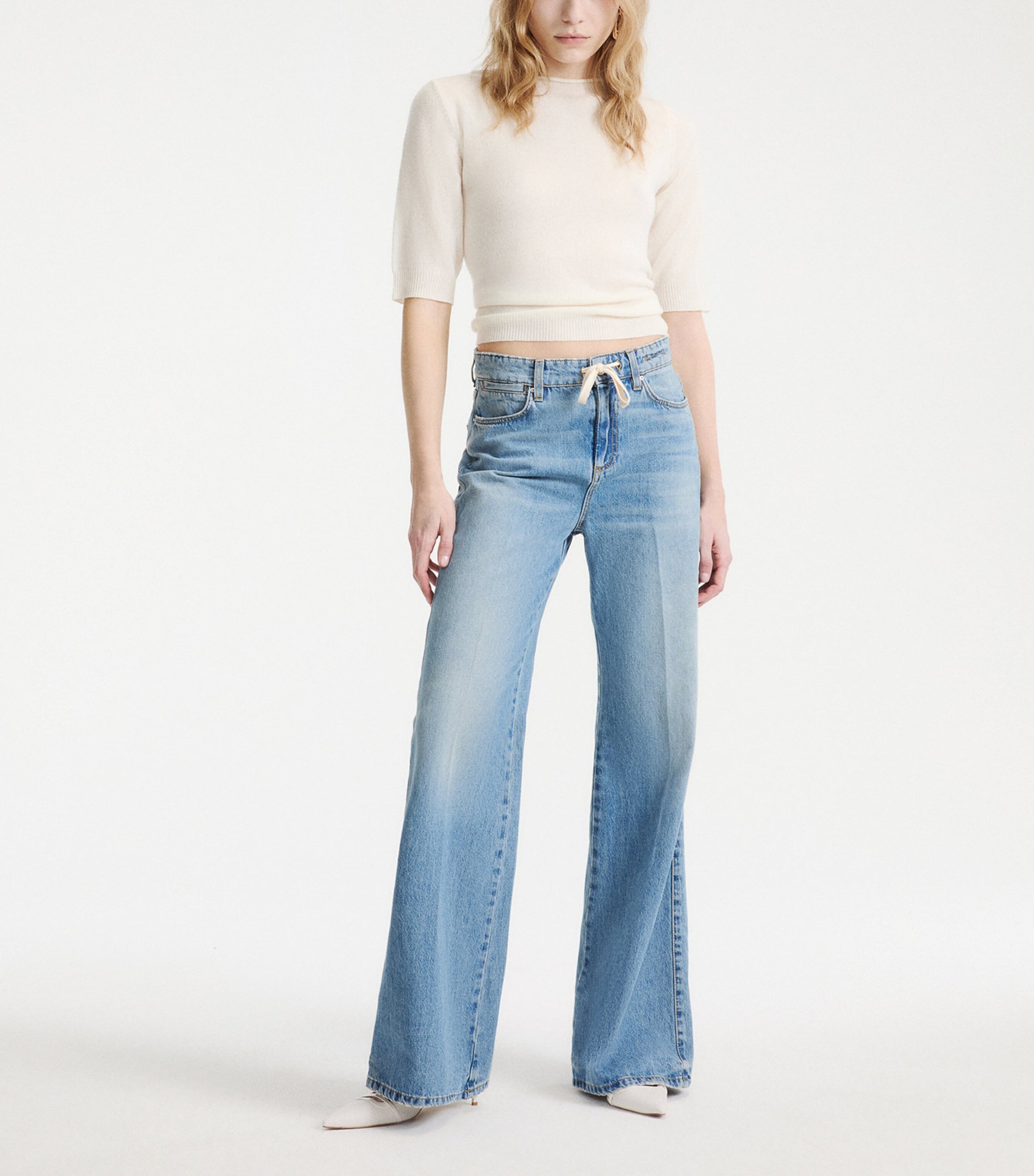 Marella Womens Drawstring High-Rise Wide-Leg Jeans Light Blue Image 2