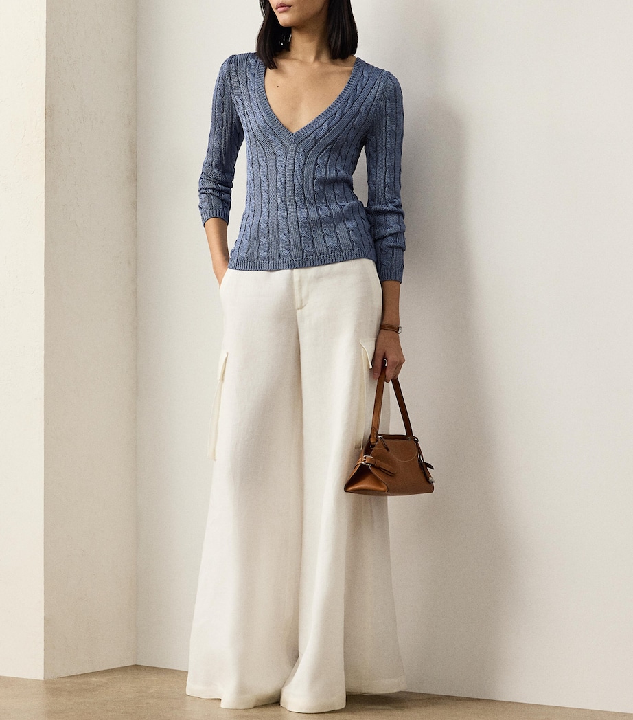 Silk Cable-Knit V-Neck Sweater CORNFLOWER Image 2