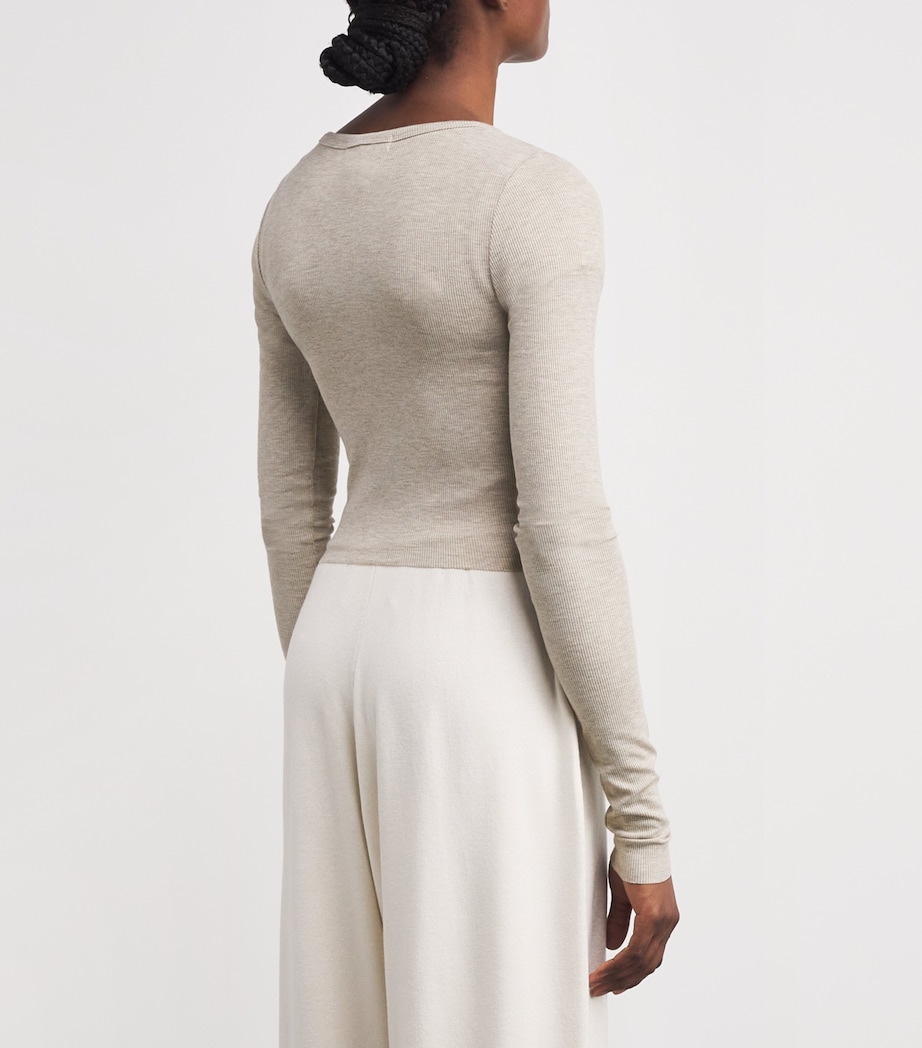 ÉTERNE Womens Ribbed Cropped V-Neck Cardigan Hoat Heather Oatmeal Image 4