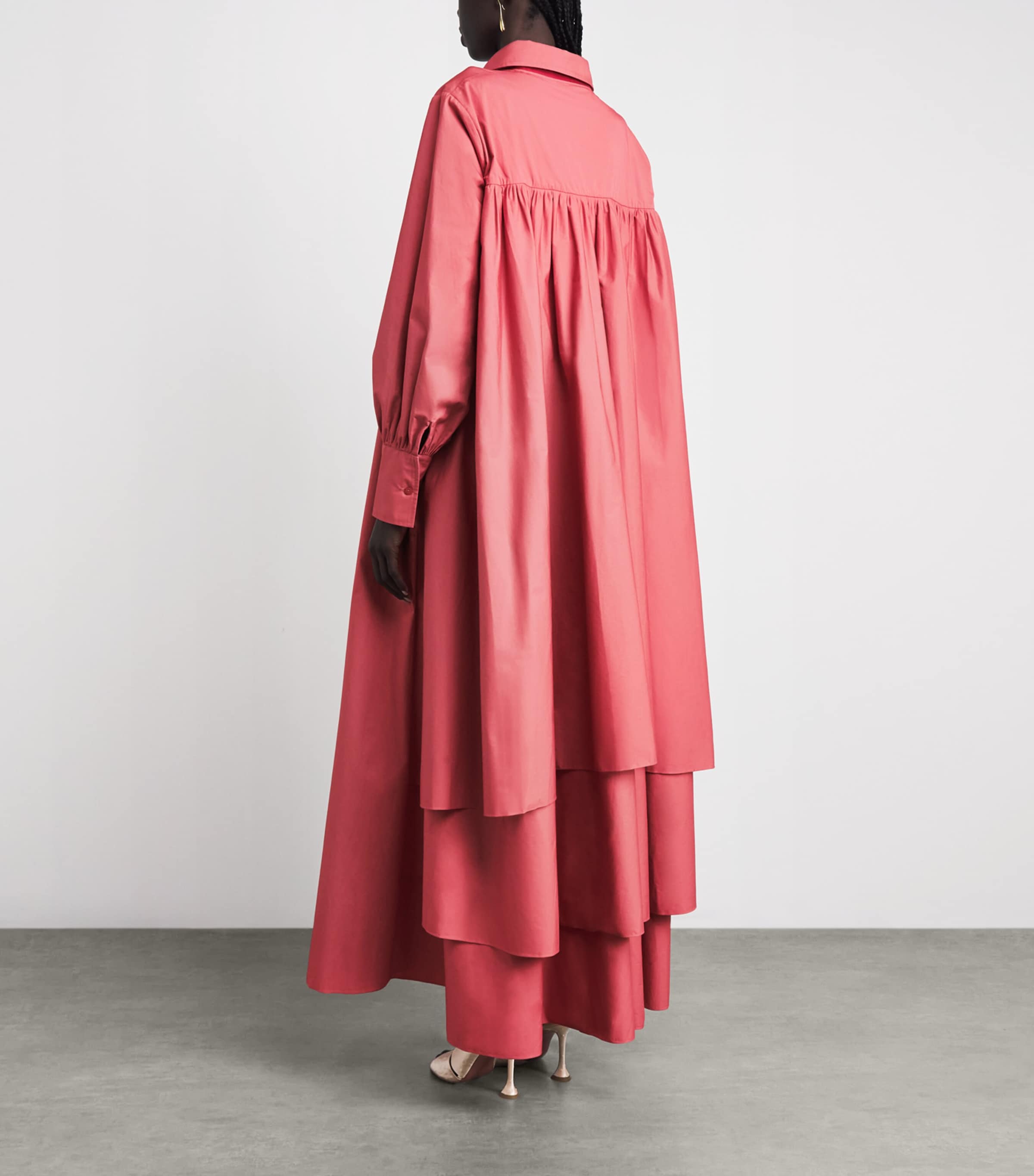Abadia Womens Cotton Layered Volume Maxi Shirt Dress Red Image 4
