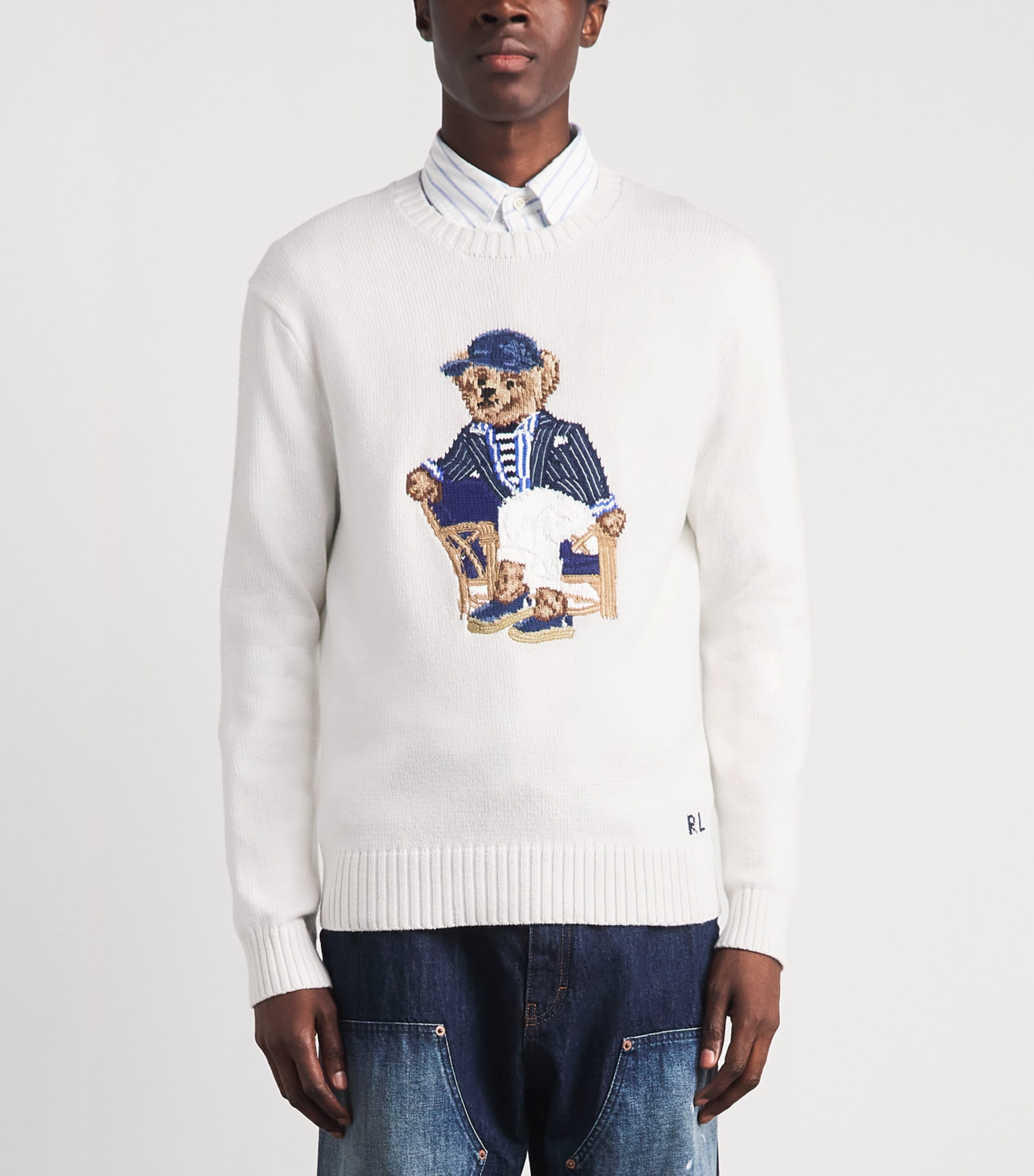 Polo Ralph Lauren Mens Cotton Jacquard Newport Bear Sweater Deckwash White Image 4