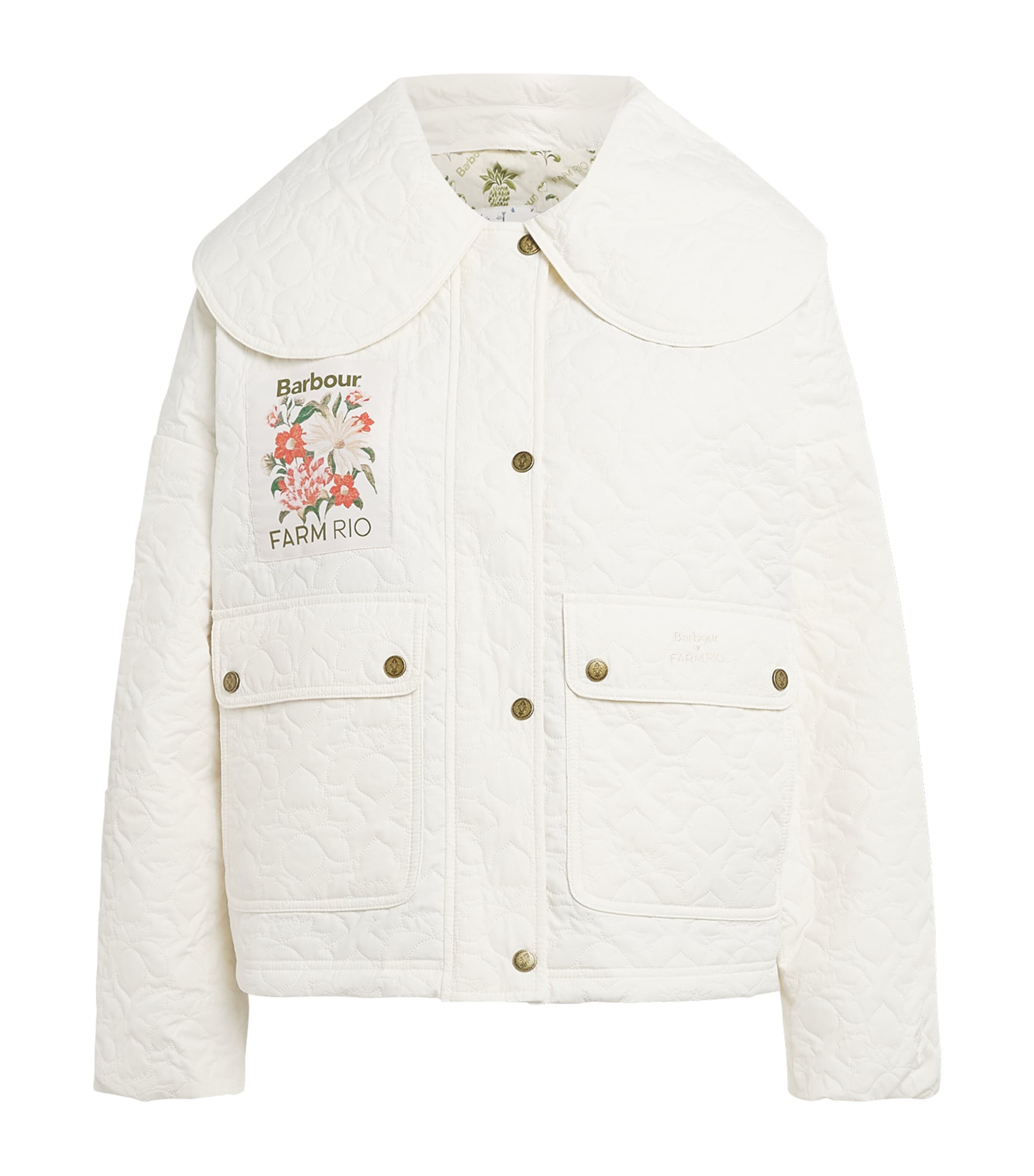 Barbour Womens x Farm Rio Quilted Floral-Patch Jacket White Rose Image 1
