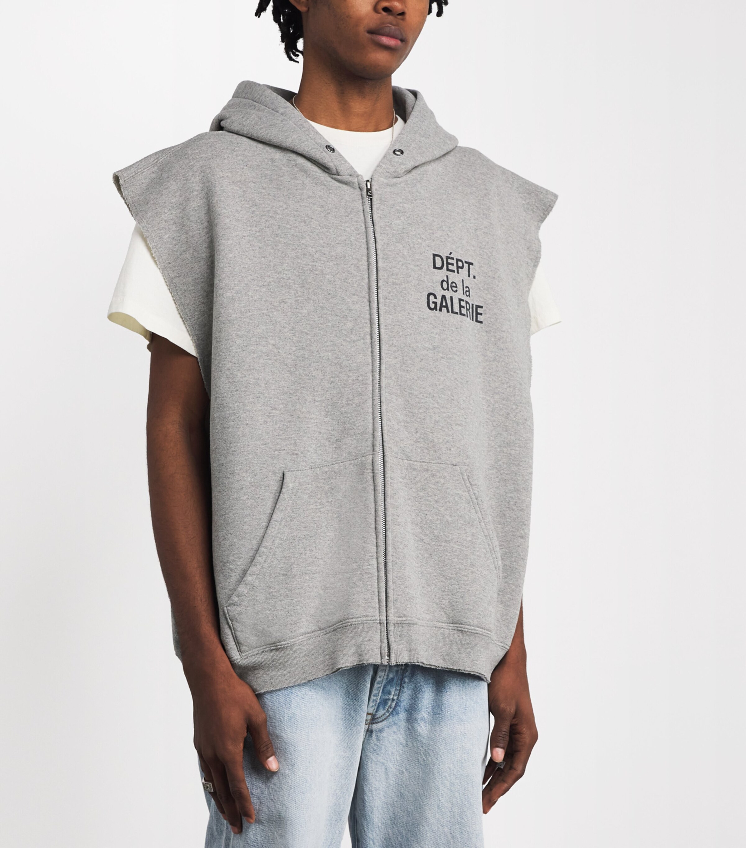 Cotton Sleeveless Zip-Up Hoodie H. GREY Image 3