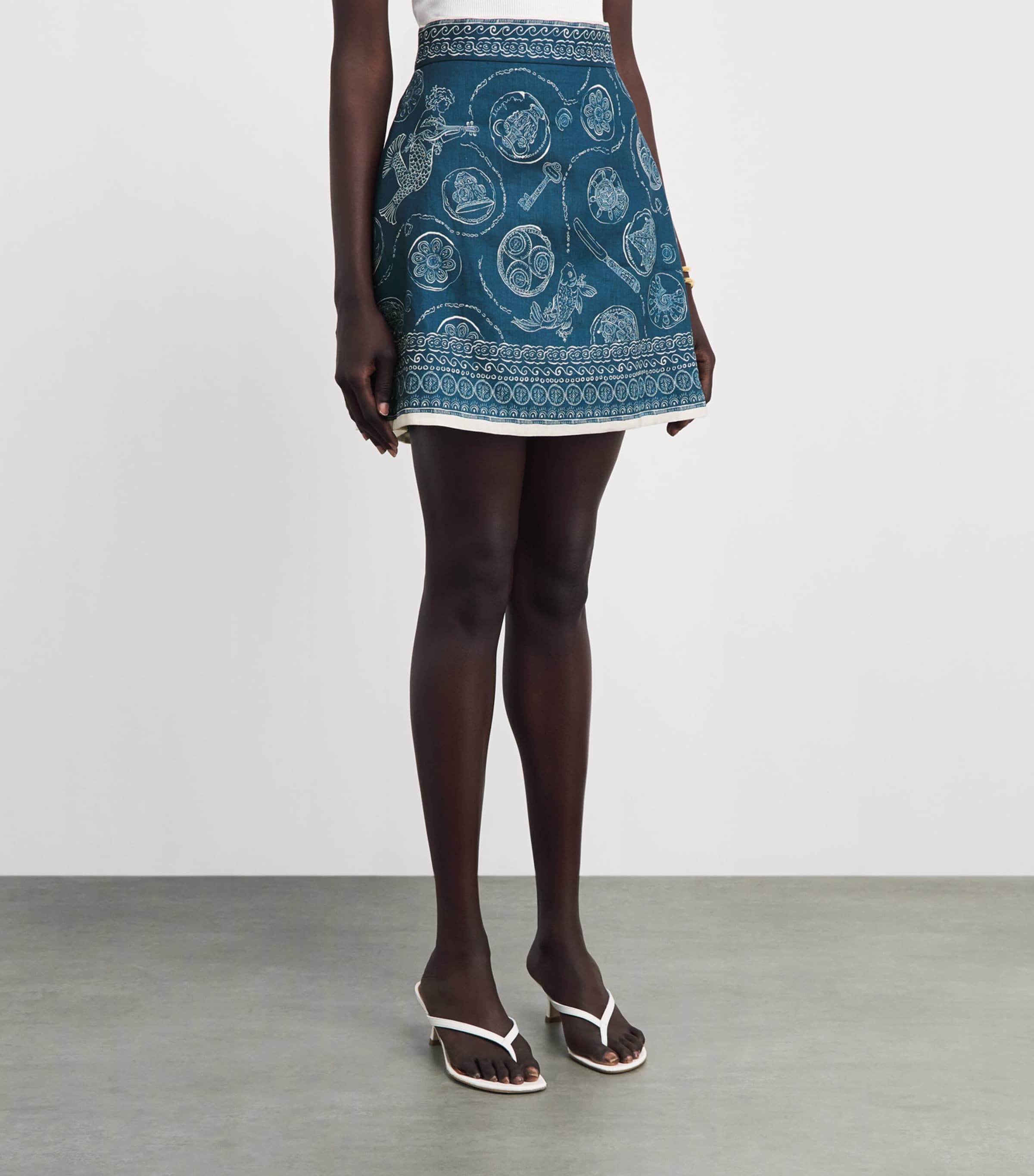 ALEMAIS Womens Linen Printed Lucky Mini Skirt Blue Image 4