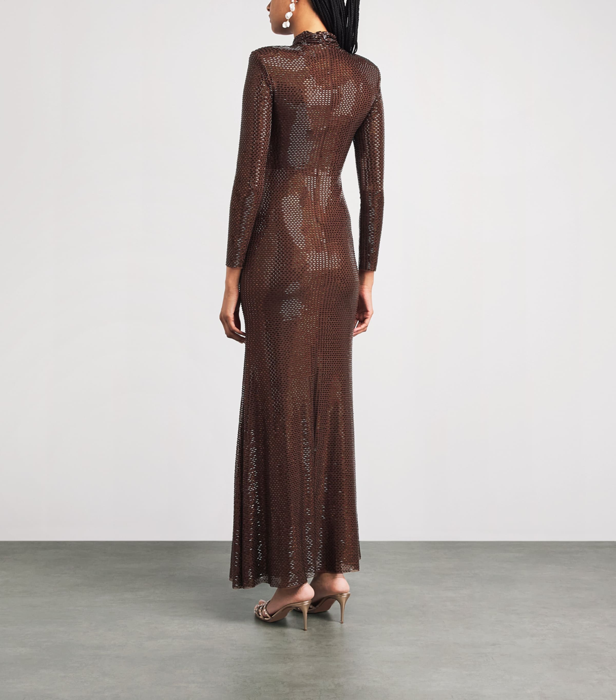 Self-Portrait Womens Rhinestone High-Neck Maxi Dress Brown Image 4