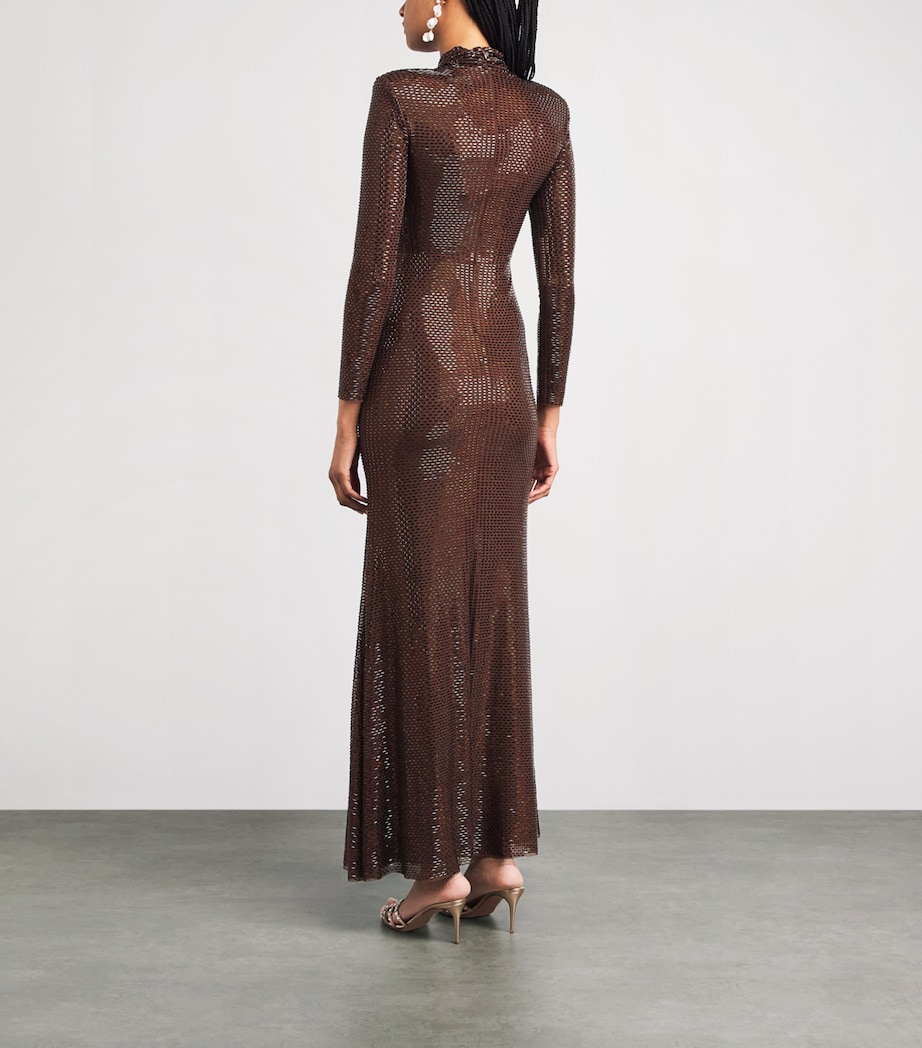 Self-Portrait Womens Rhinestone High-Neck Maxi Dress Brown Image 4