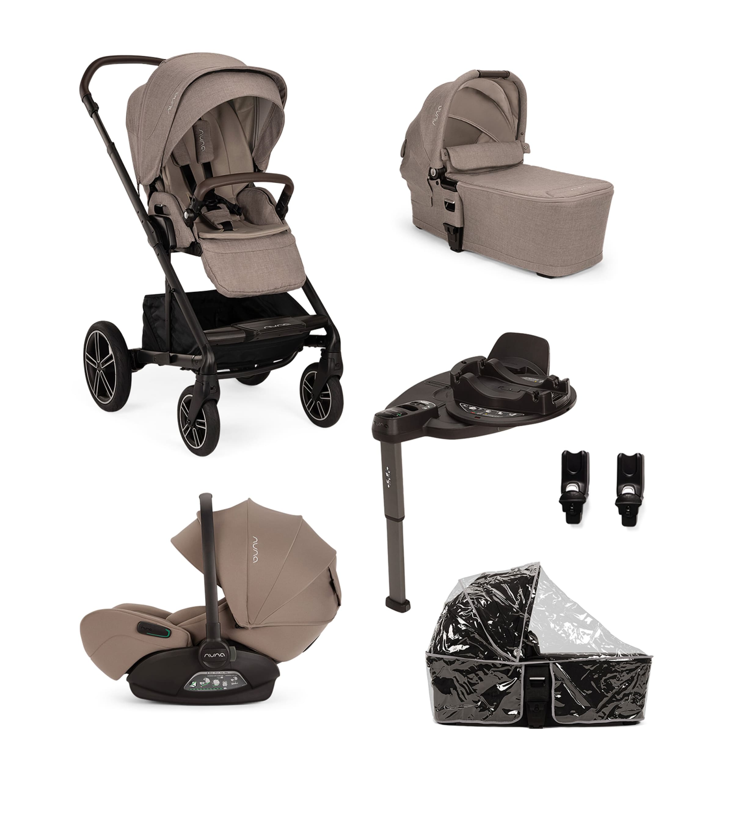 MIXX Next Pushchair and Carry Cot, ARRA Flex Car Seat and BASE Curv Adaptor Bundle CEDAR Image 1