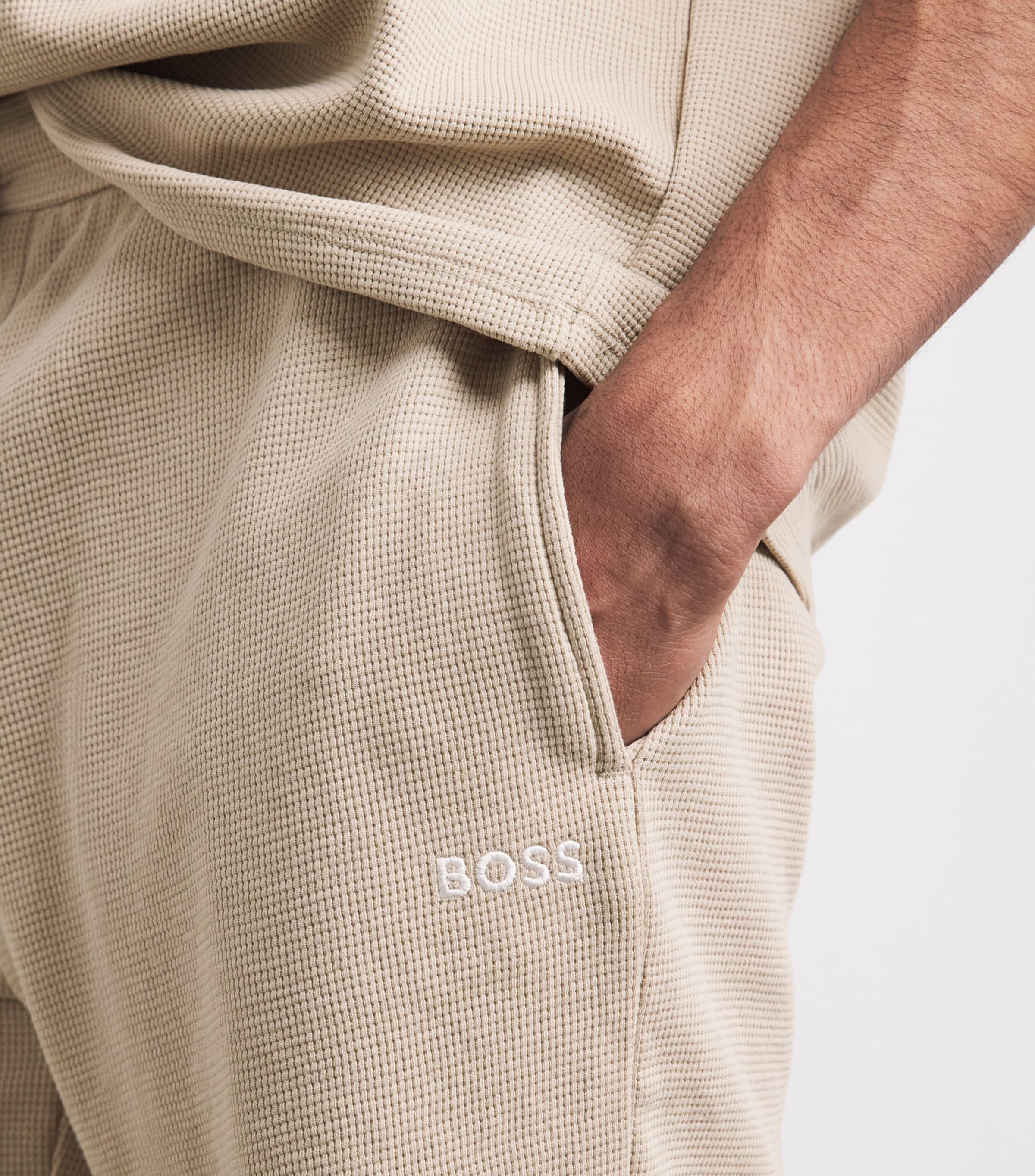 BOSS Mens Cotton-Blend Waffle-Knit Shorts Light Beige Image 3