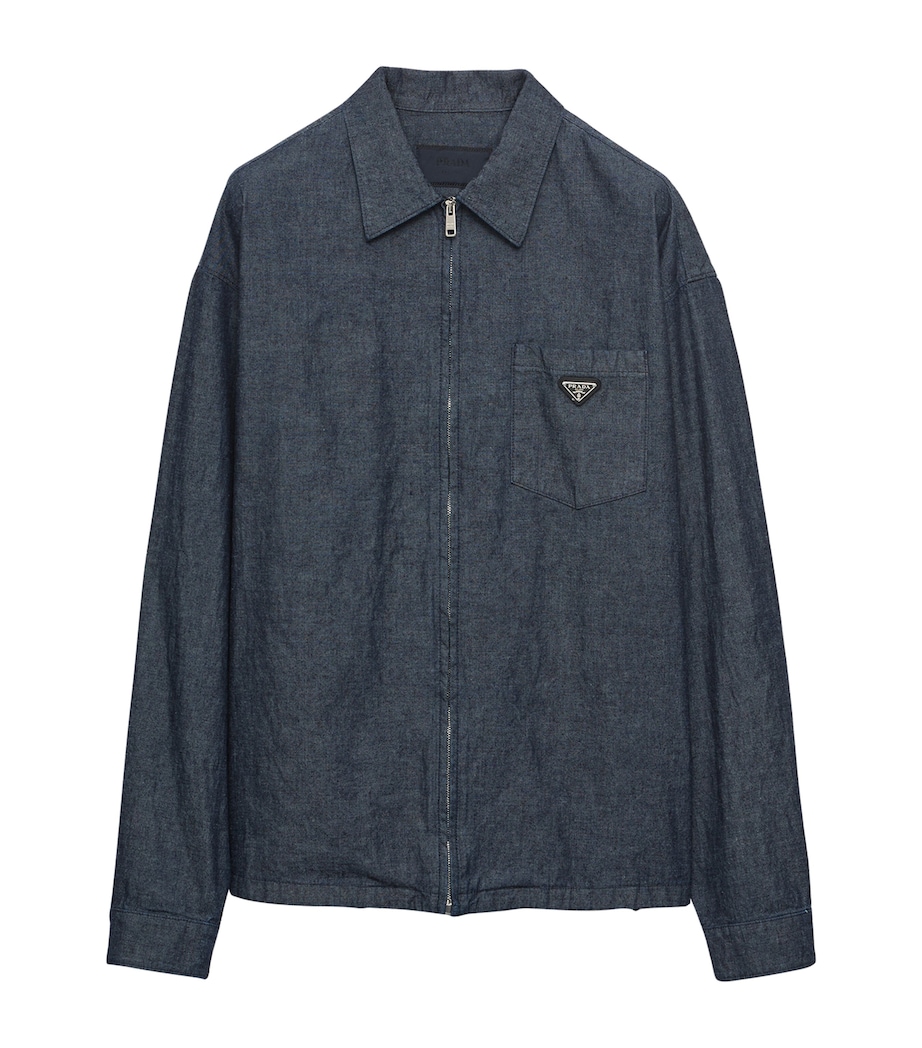 Prada Mens Cotton Chambray Zipped Shirt Blue Image 1