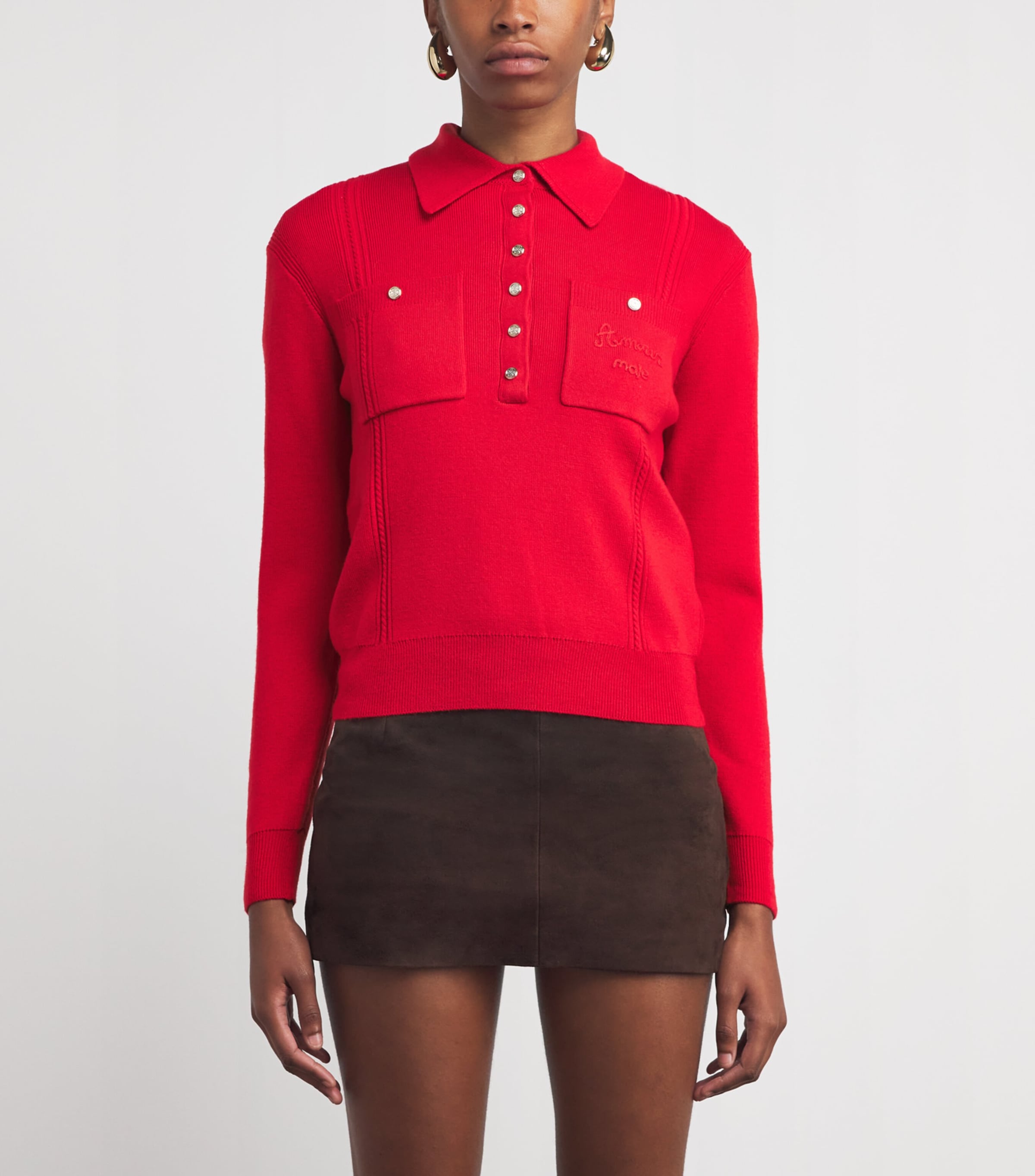 Embroidered Knitted Polo Shirt RED Image 3